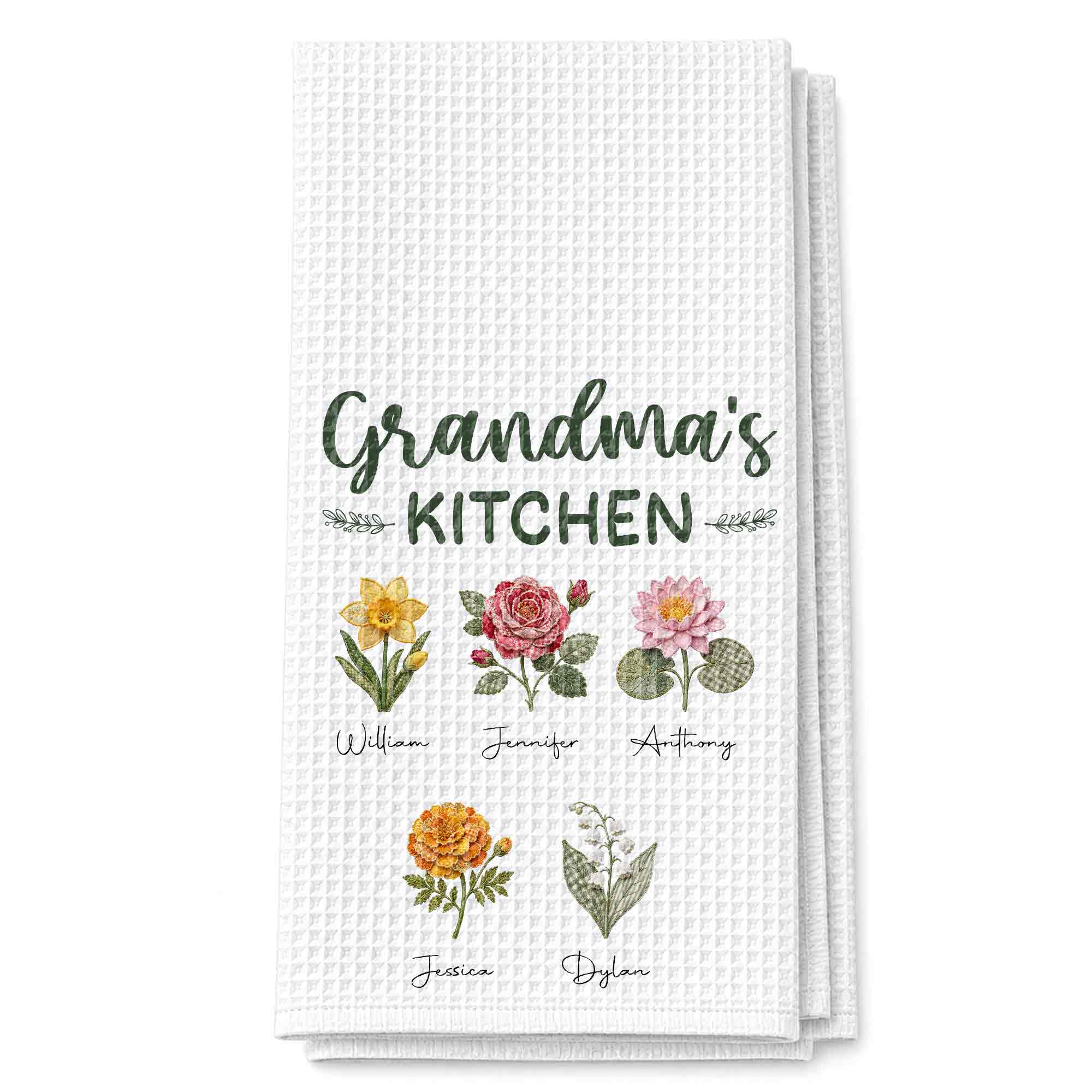 Personalized Kitchen Towel with Birth Month Flowers Gift for Grandma Kitchen Towel GradoCreations