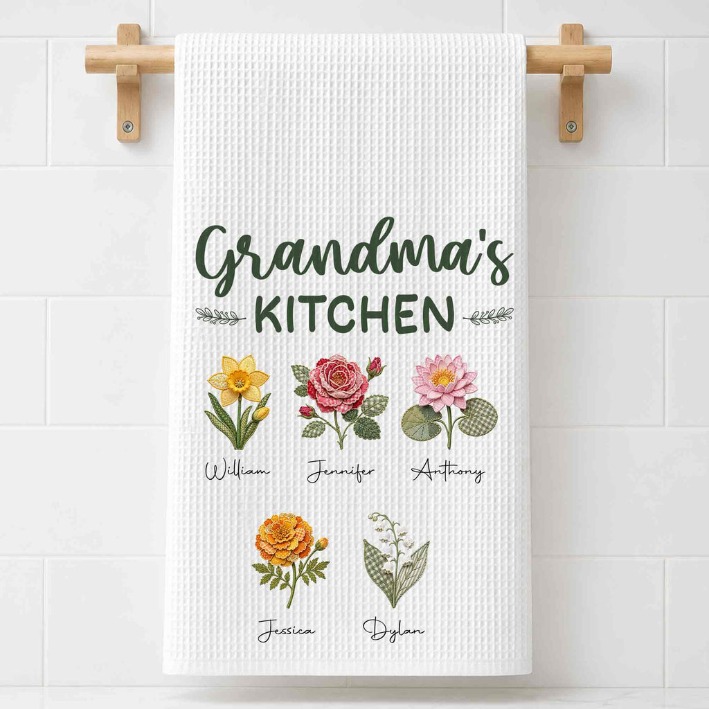 Personalized Kitchen Towel with Birth Month Flowers Gift for Grandma Kitchen Towel GradoCreations