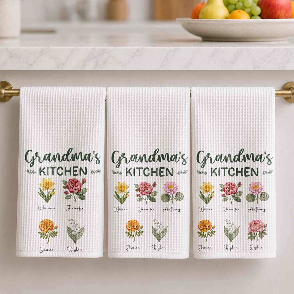 Personalized Kitchen Towel with Birth Month Flowers Gift for Grandma Kitchen Towel GradoCreations