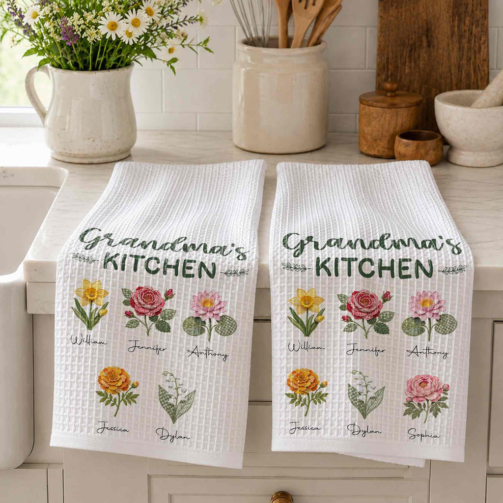 Personalized Kitchen Towel with Birth Month Flowers Gift for Grandma Kitchen Towel GradoCreations