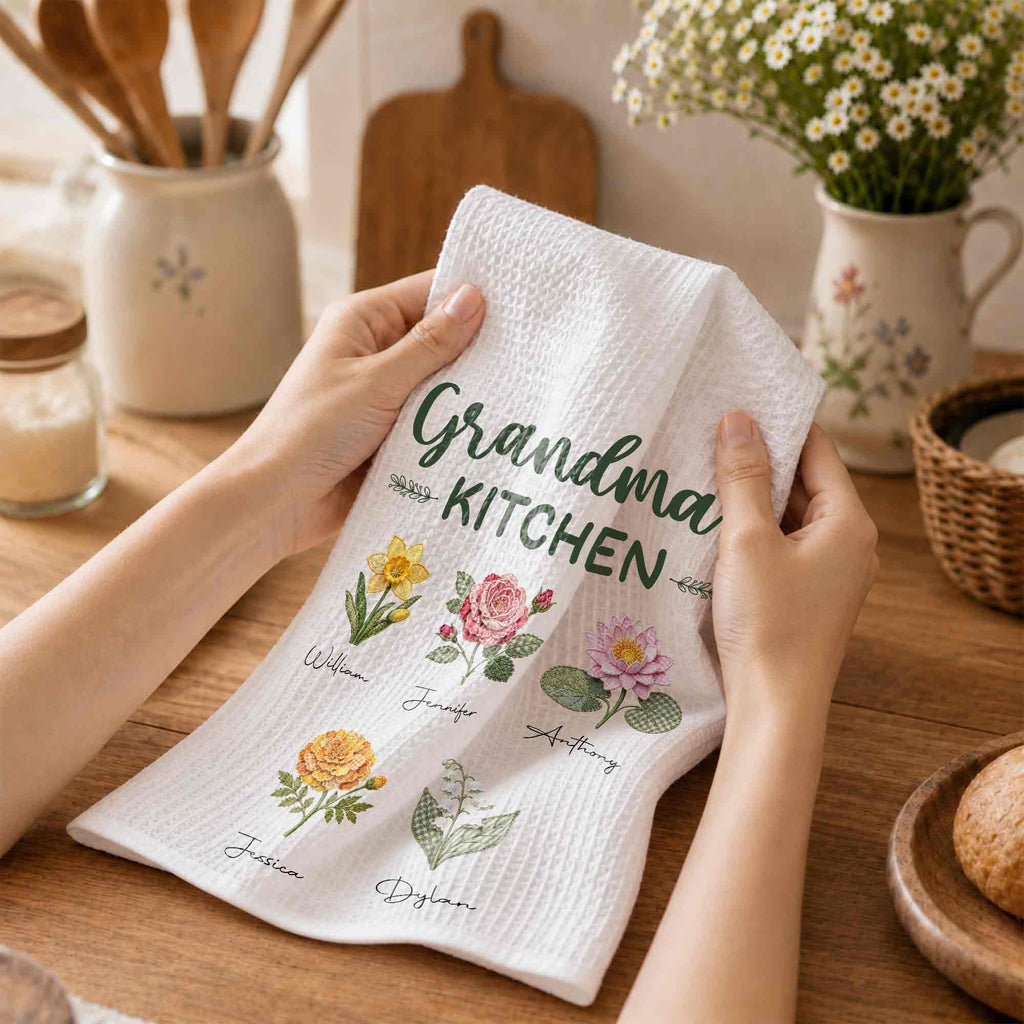 Personalized Kitchen Towel with Birth Month Flowers Gift for Grandma Kitchen Towel GradoCreations