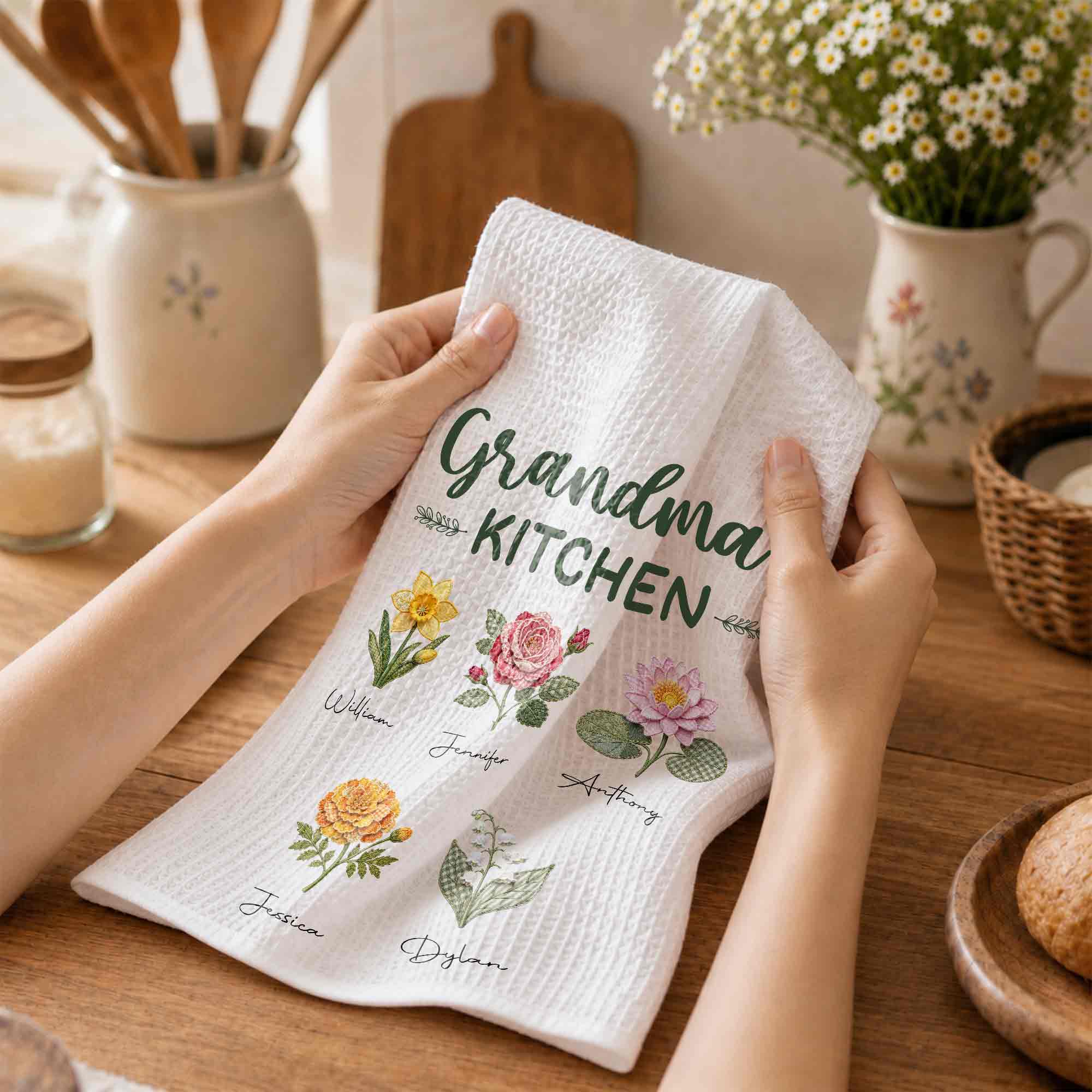 Personalized Kitchen Towel with Birth Month Flowers Gift for Grandma Kitchen Towel GradoCreations