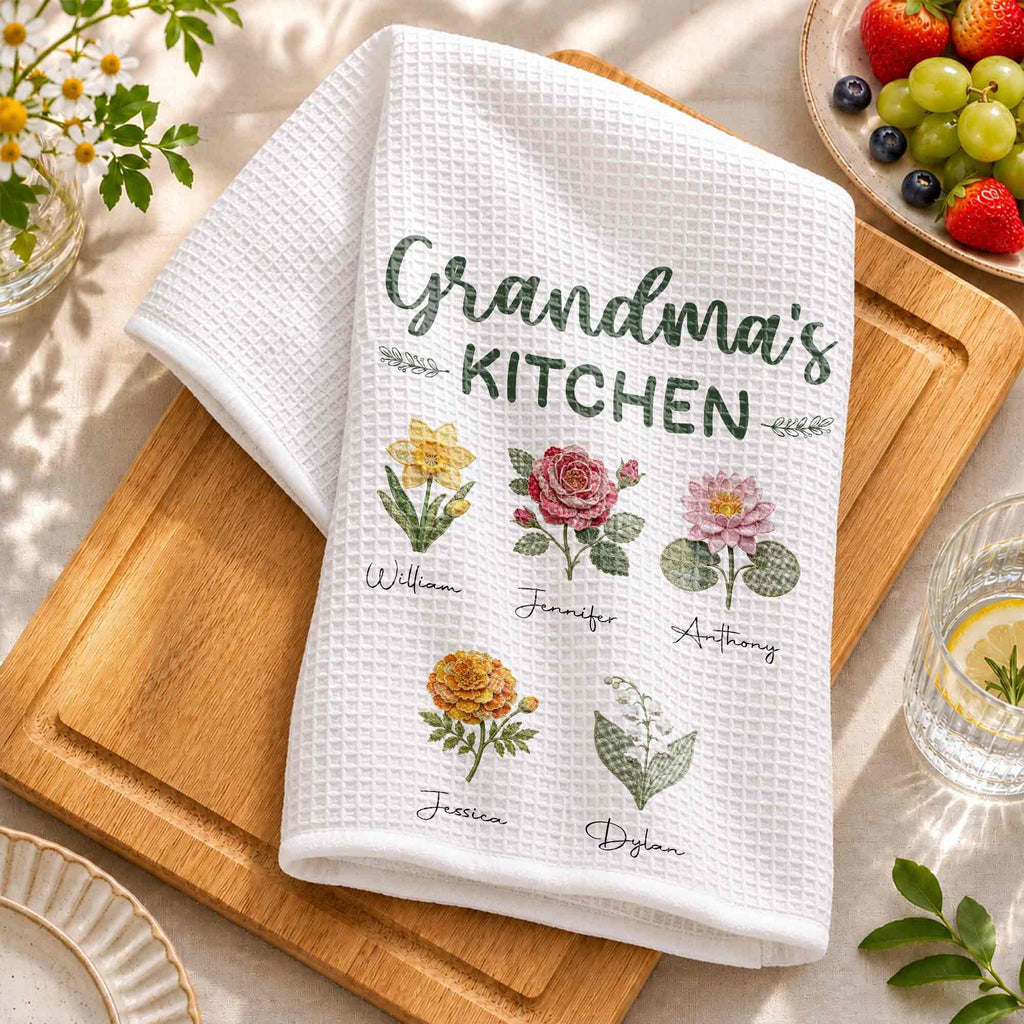 Personalized Kitchen Towel with Birth Month Flowers Gift for Grandma Kitchen Towel GradoCreations