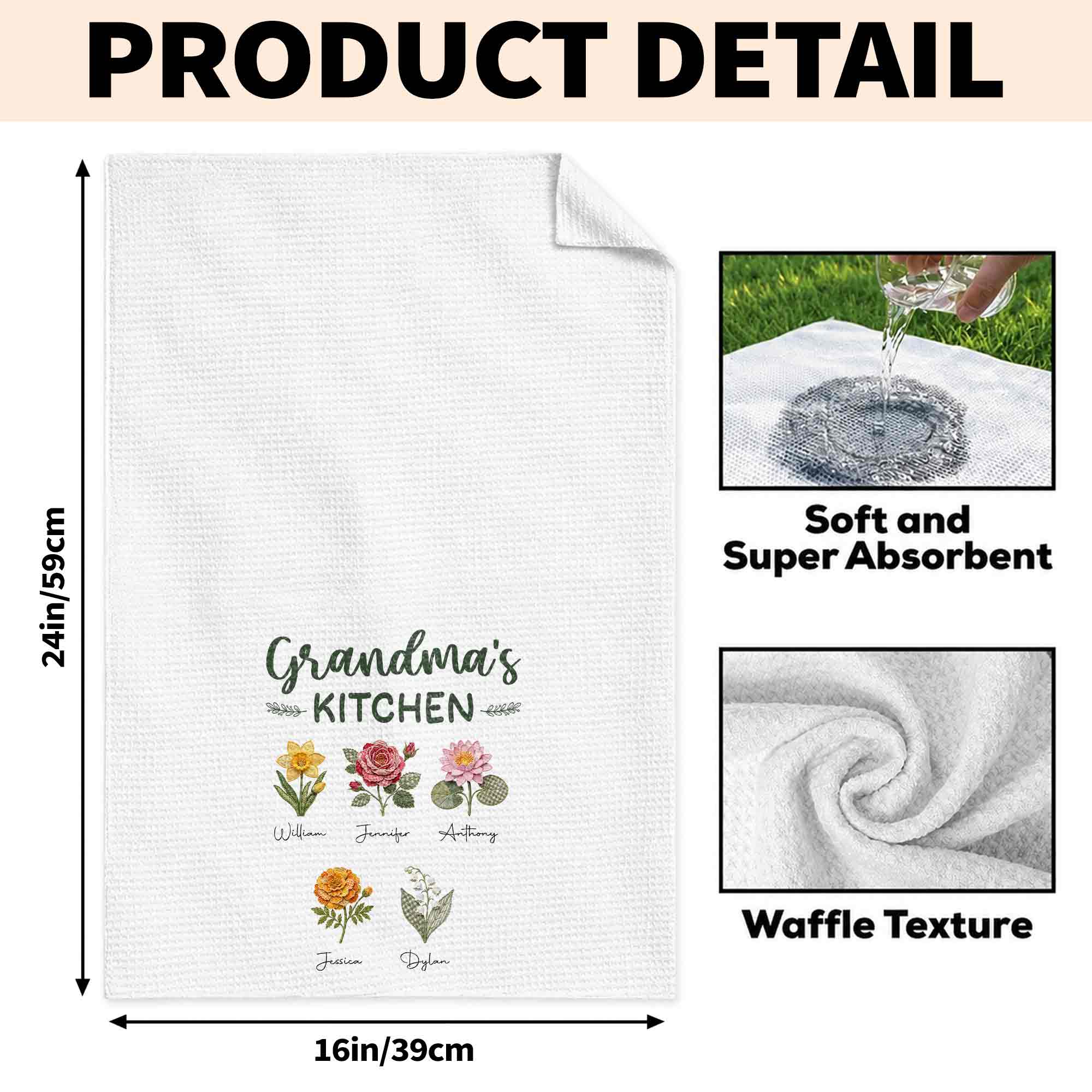 Personalized Kitchen Towel with Birth Month Flowers Gift for Grandma Kitchen Towel GradoCreations