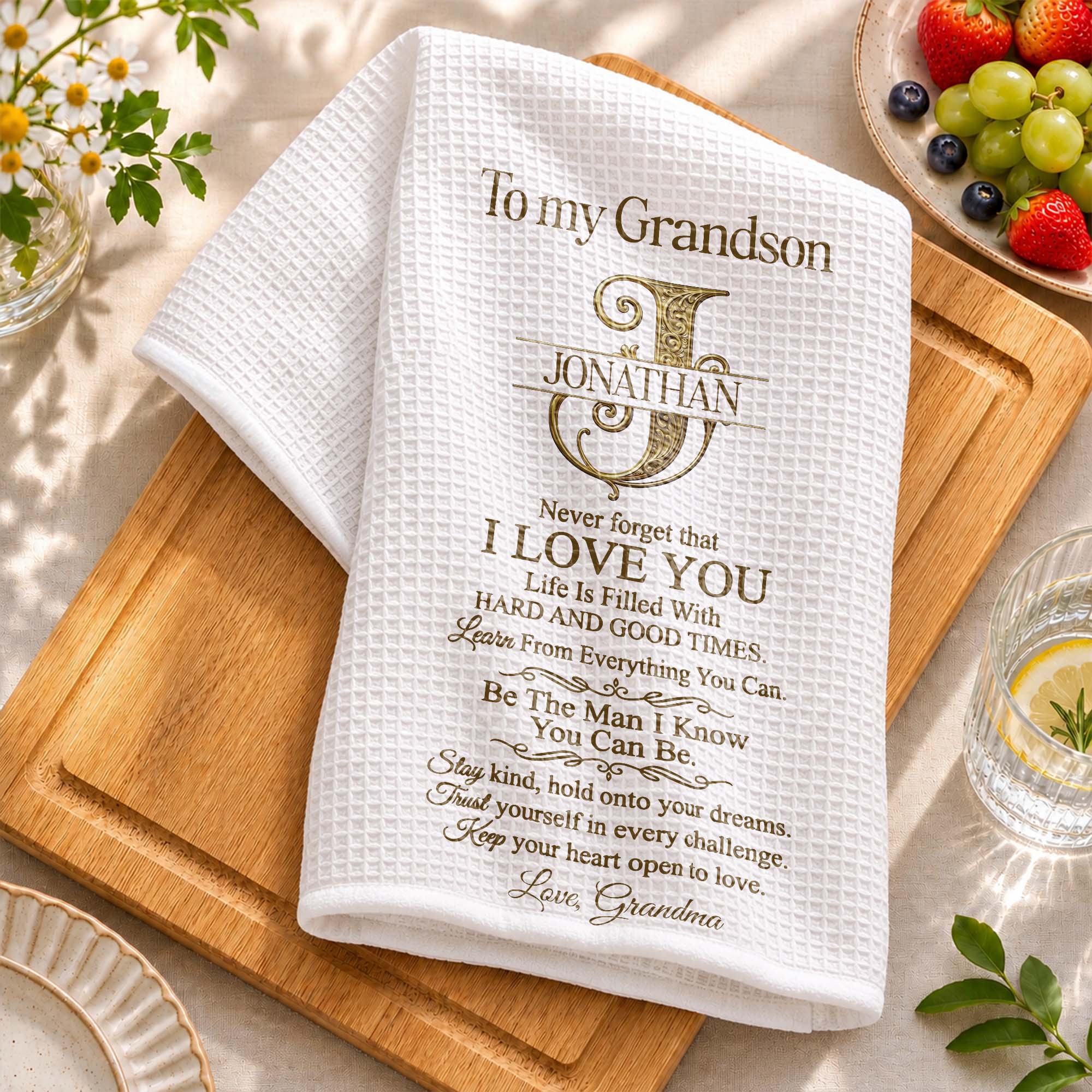 Personalized Kitchen Towel for Grandson with Custom Monogram Gift