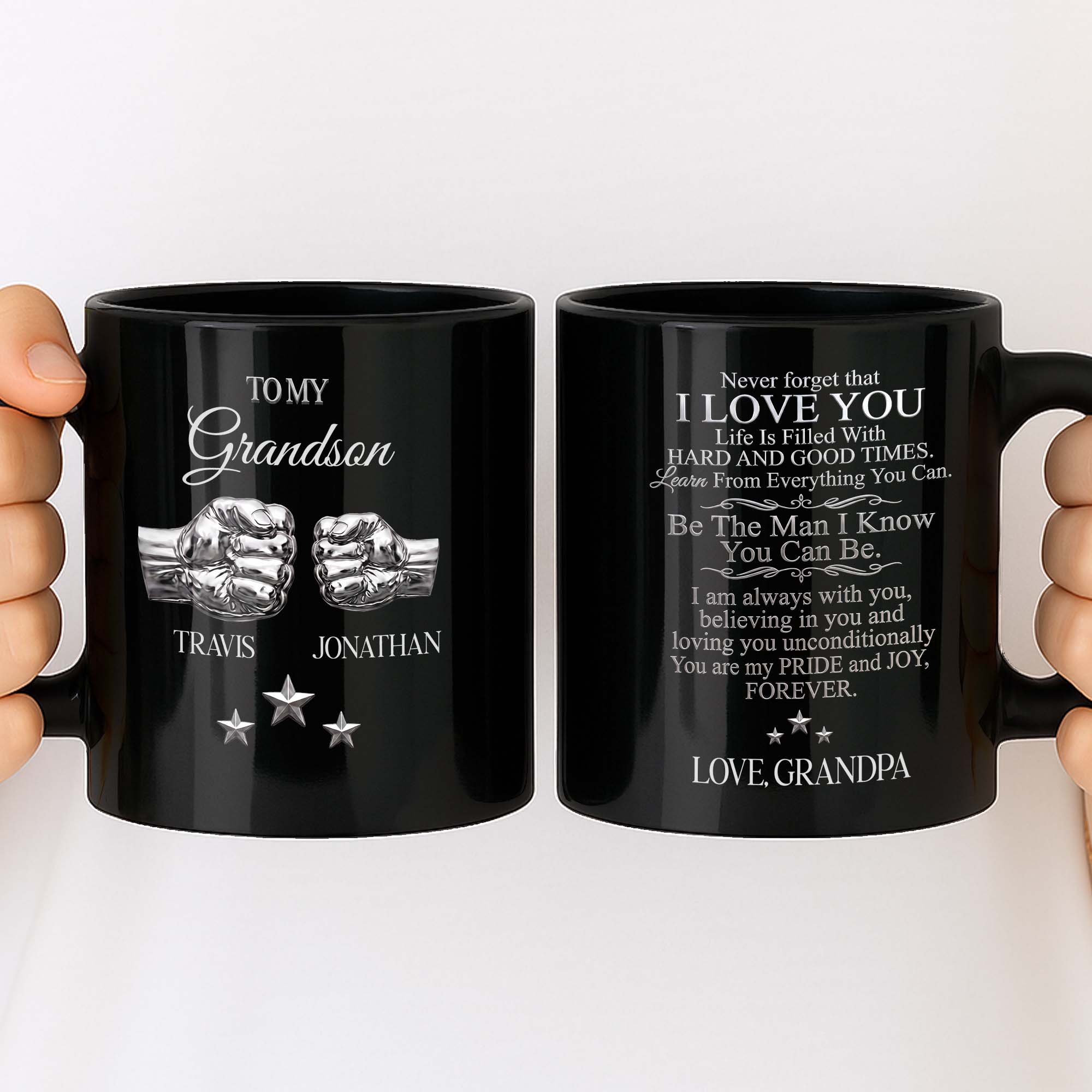 Personalized Black Mug with Fist Bump Design for Grandson Black Mug GradoCreations
