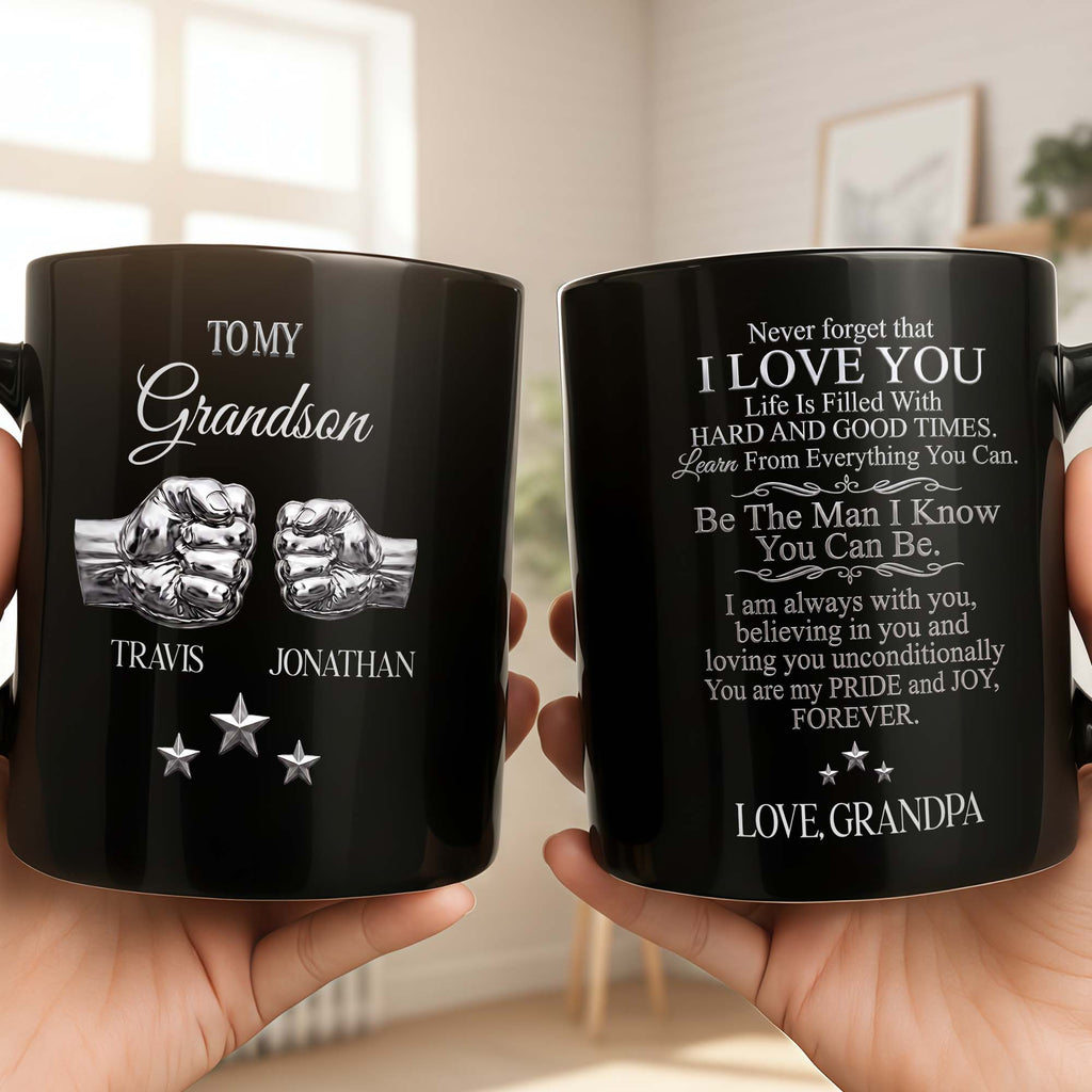Personalized Black Mug with Fist Bump Design for Grandson Black Mug GradoCreations