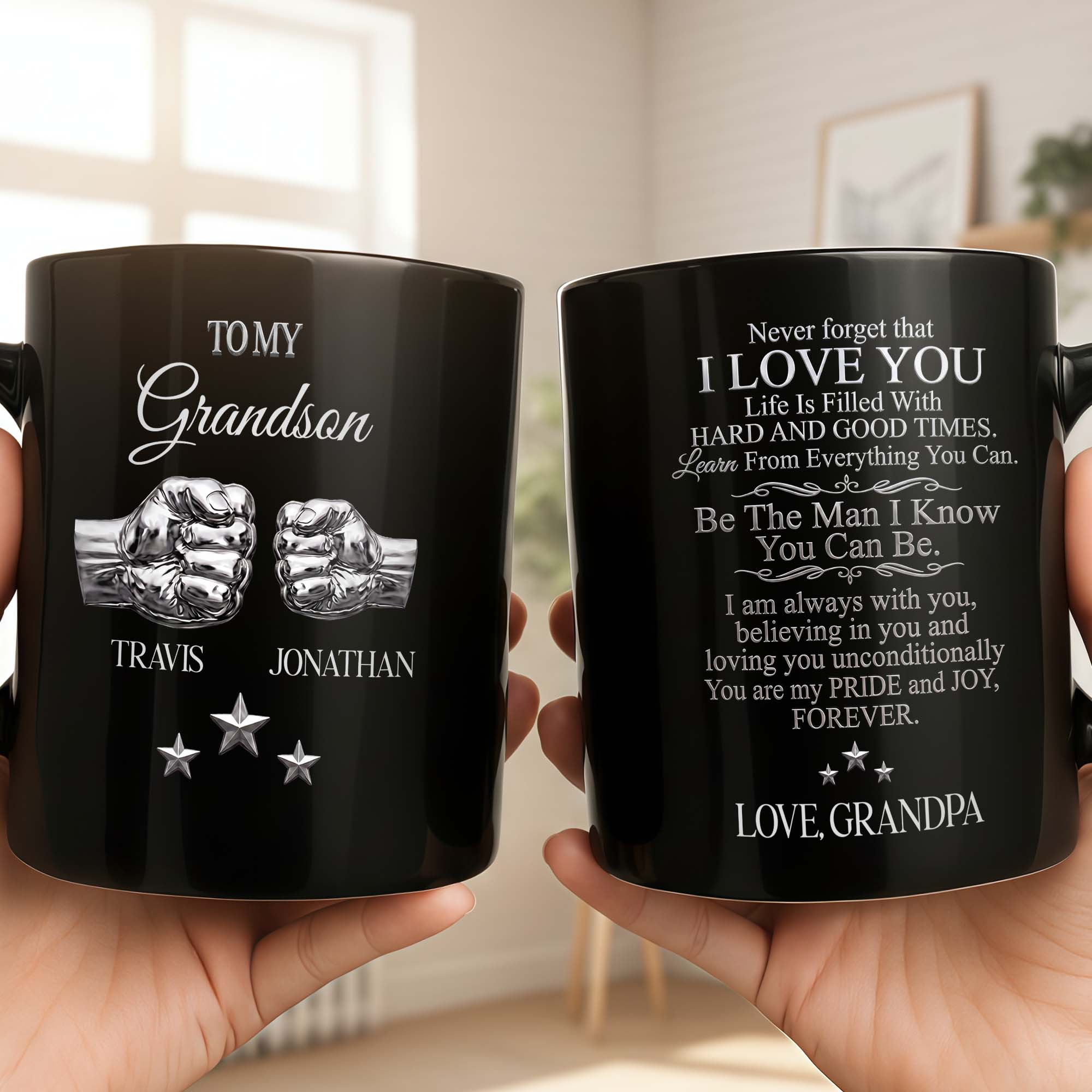 Personalized Black Mug with Fist Bump Design for Grandson Black Mug GradoCreations
