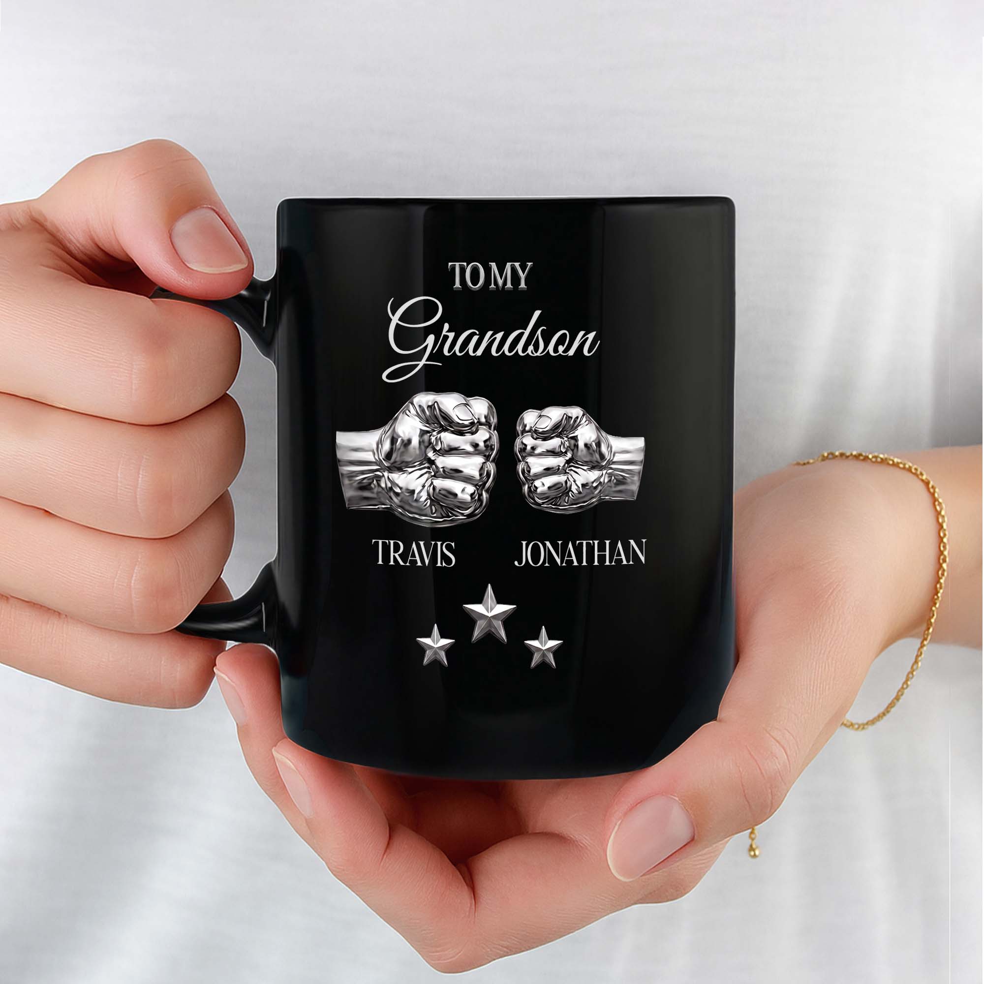 Personalized Black Mug with Fist Bump Design for Grandson Black Mug GradoCreations