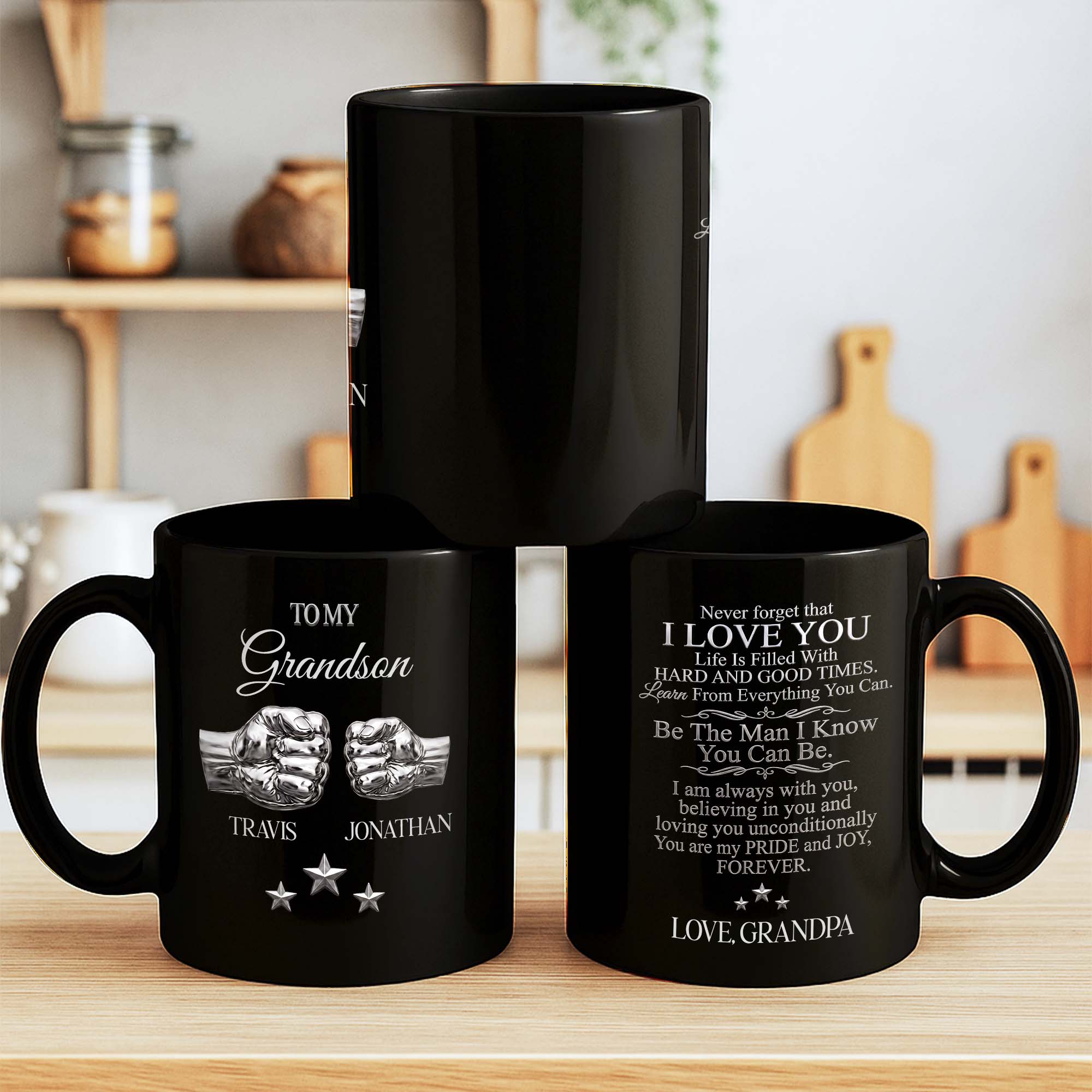 Personalized Black Mug with Fist Bump Design for Grandson Black Mug GradoCreations