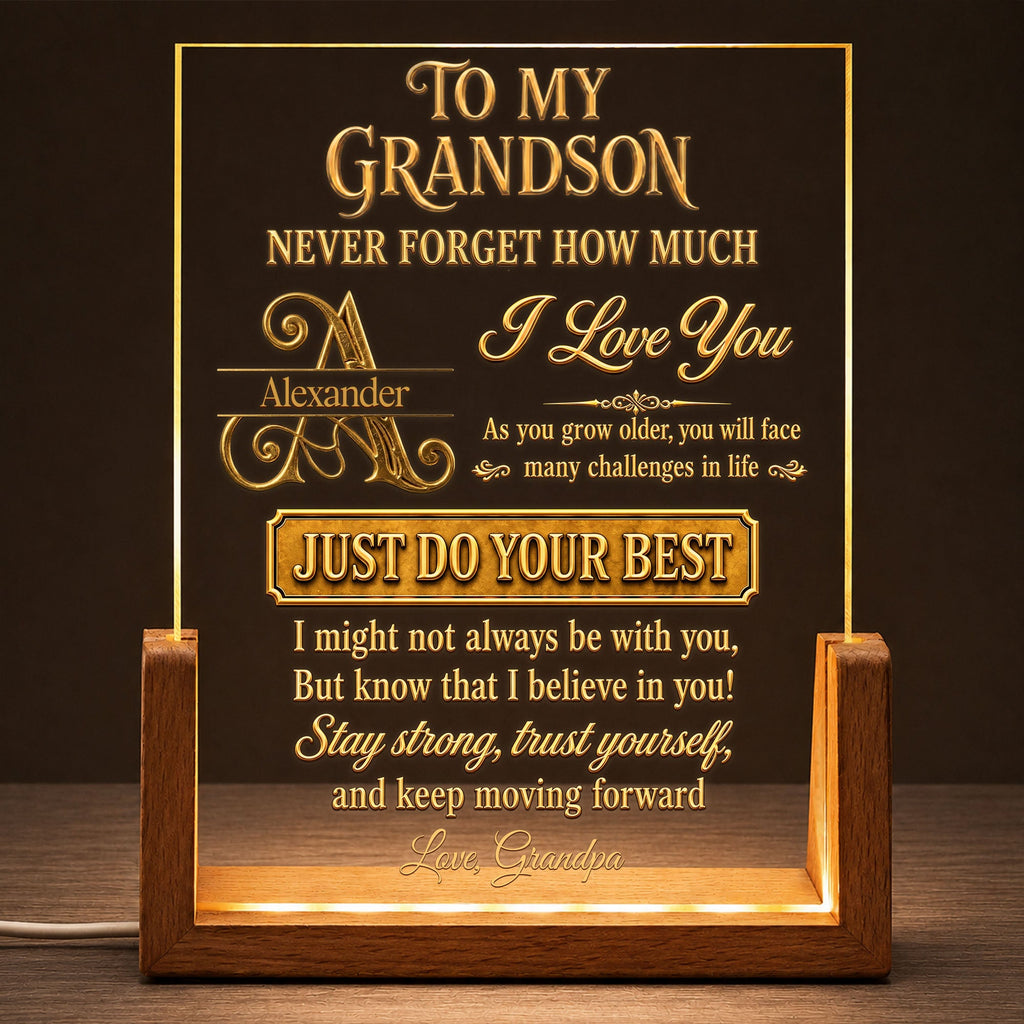 Personalized Acrylic Night Light with Wooden Base for Grandson Gift