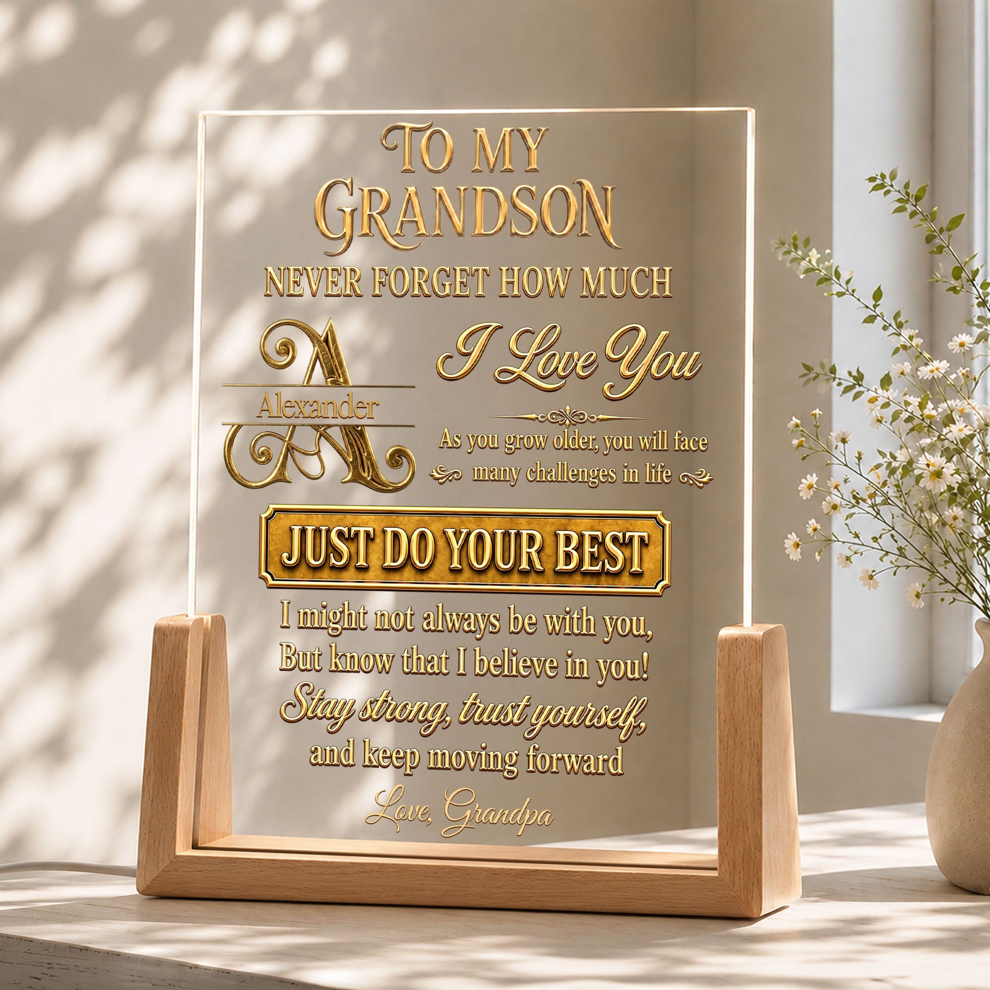 Personalized Acrylic Night Light with Wooden Base for Grandson Gift