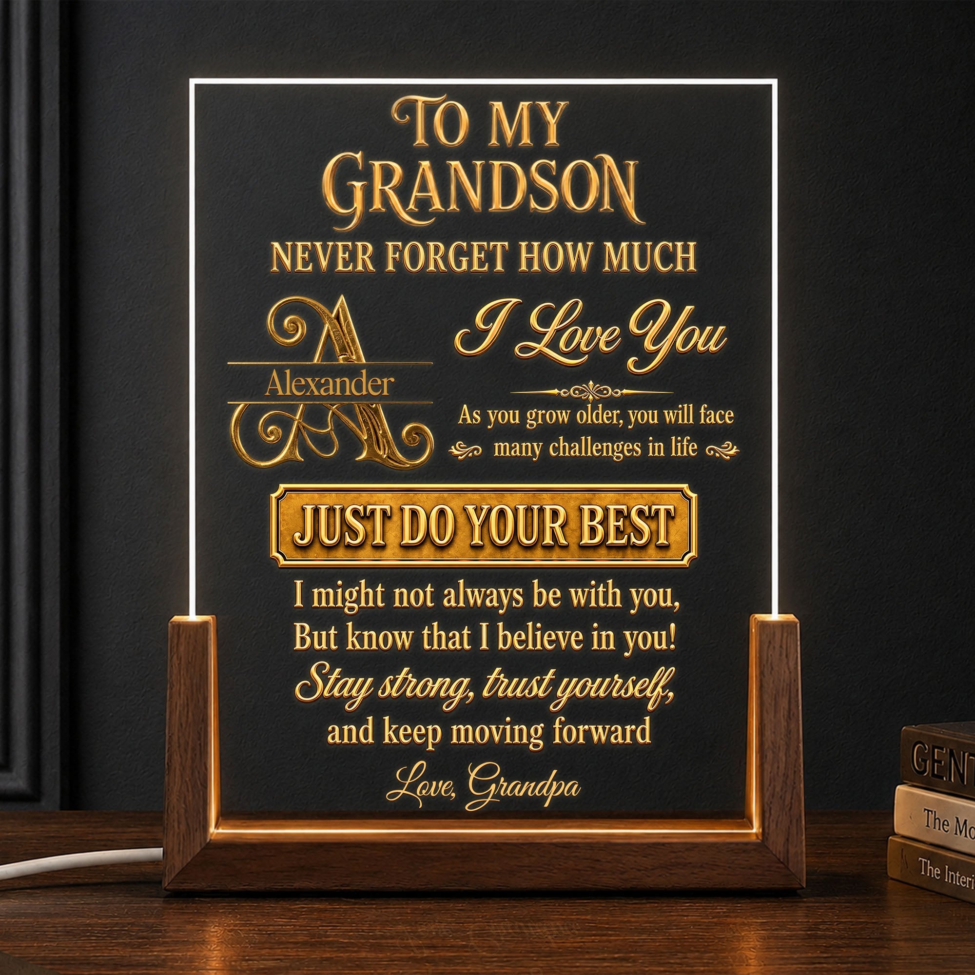 Personalized Acrylic Night Light with Wooden Base for Grandson Gift