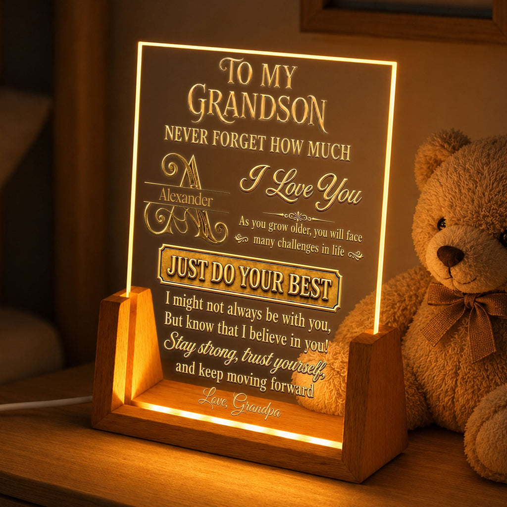 Personalized Acrylic Night Light with Wooden Base for Grandson Gift