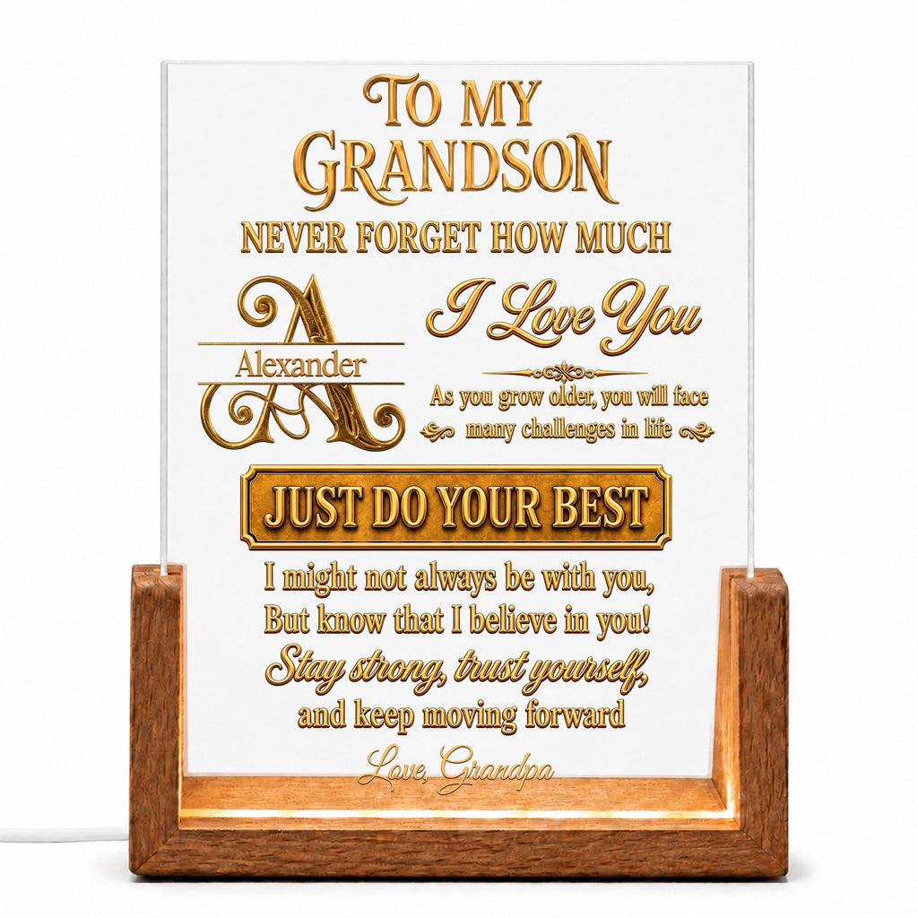 Personalized Acrylic Night Light with Wooden Base for Grandson Gift