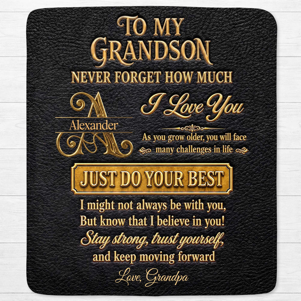 Personalized Leather Texture Blanket Custom Name Gift for Grandson