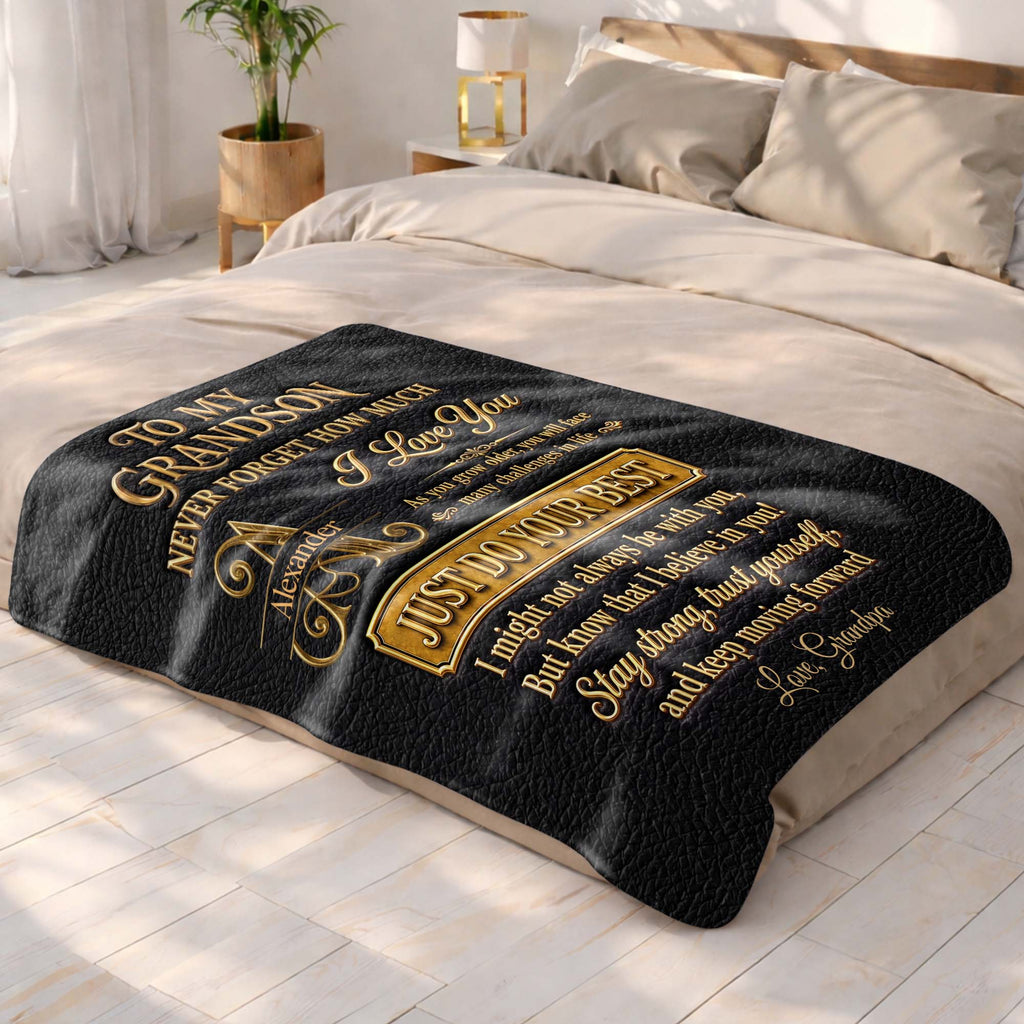 Personalized Leather Texture Blanket Custom Name Gift for Grandson