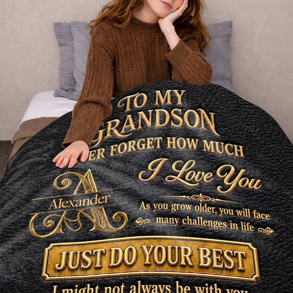 Personalized Leather Texture Blanket Custom Name Gift for Grandson