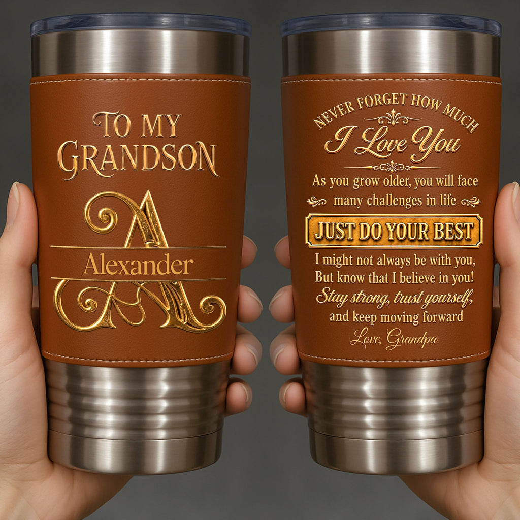 Personalized Leather Tumbler Custom Name Gift for Grandson