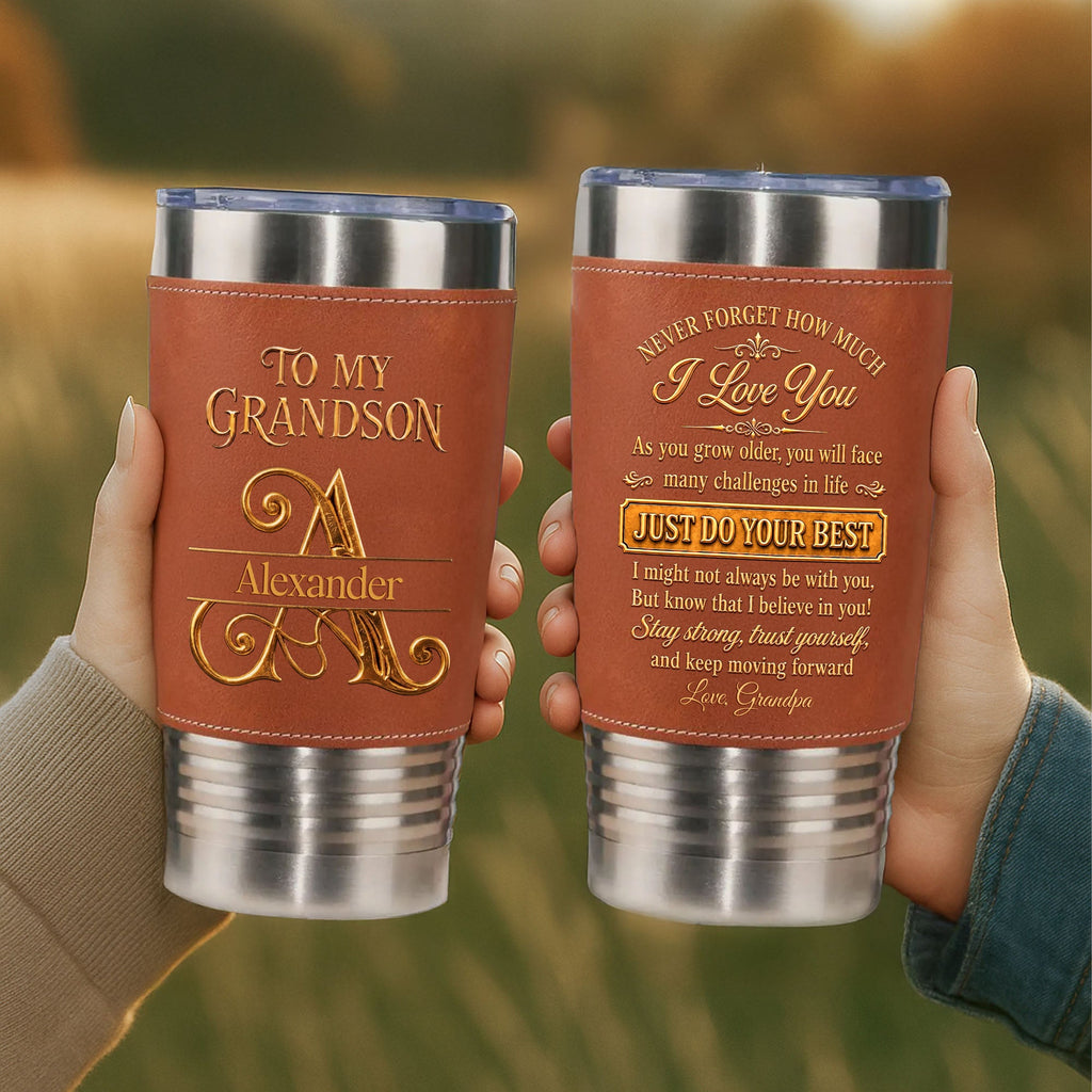 Personalized Leather Tumbler Custom Name Gift for Grandson