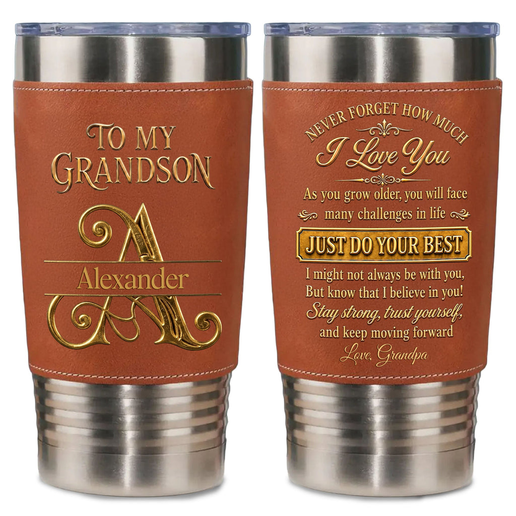 Personalized Leather Tumbler Custom Name Gift for Grandson