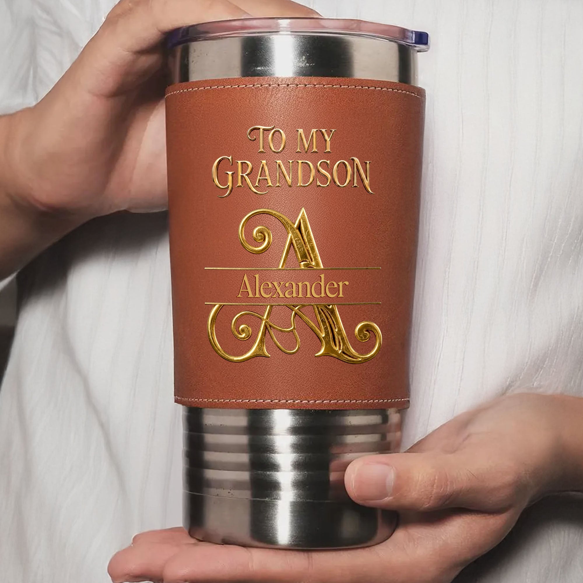 Personalized Leather Tumbler Custom Name Gift for Grandson