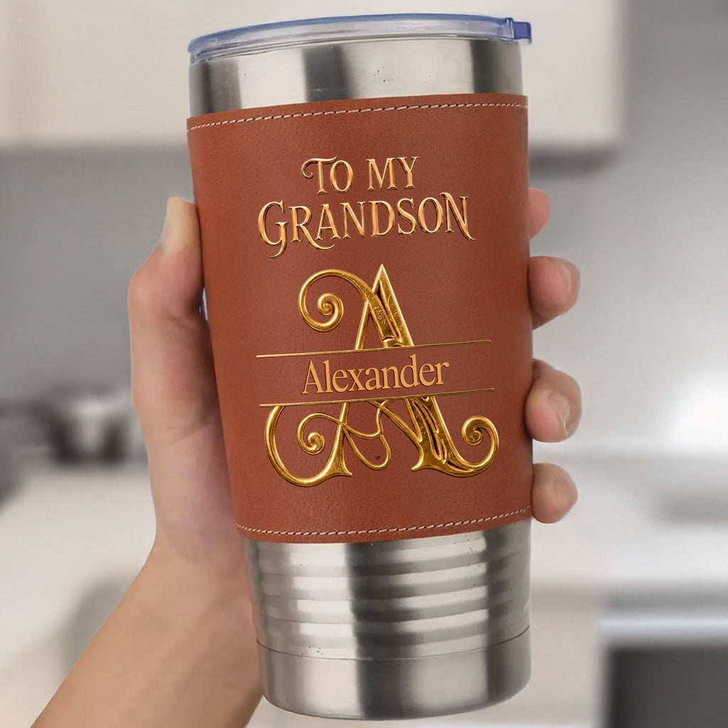 Personalized Leather Tumbler Custom Name Gift for Grandson