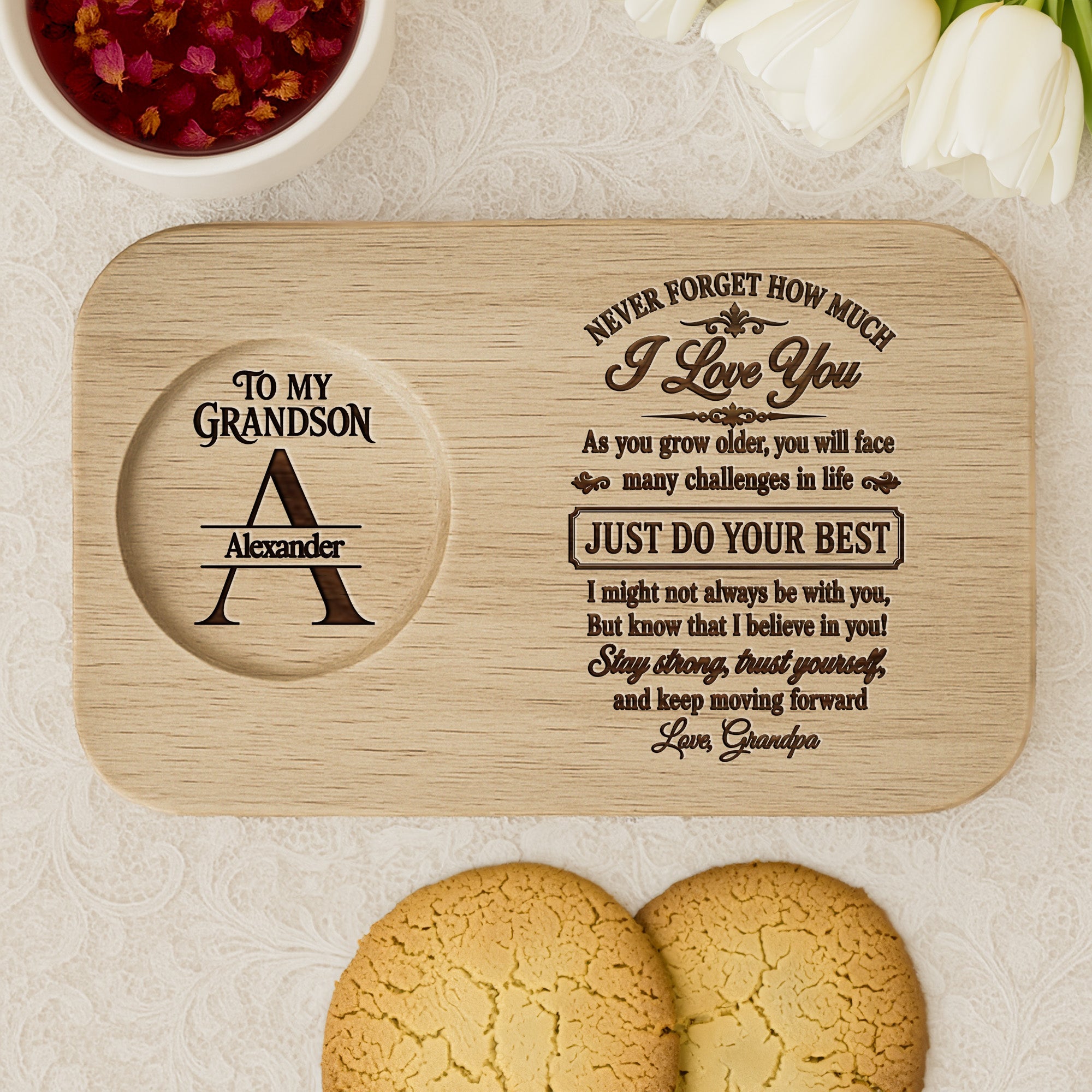 Personalized Engraved Serving Board with Cup Holder for Grandson