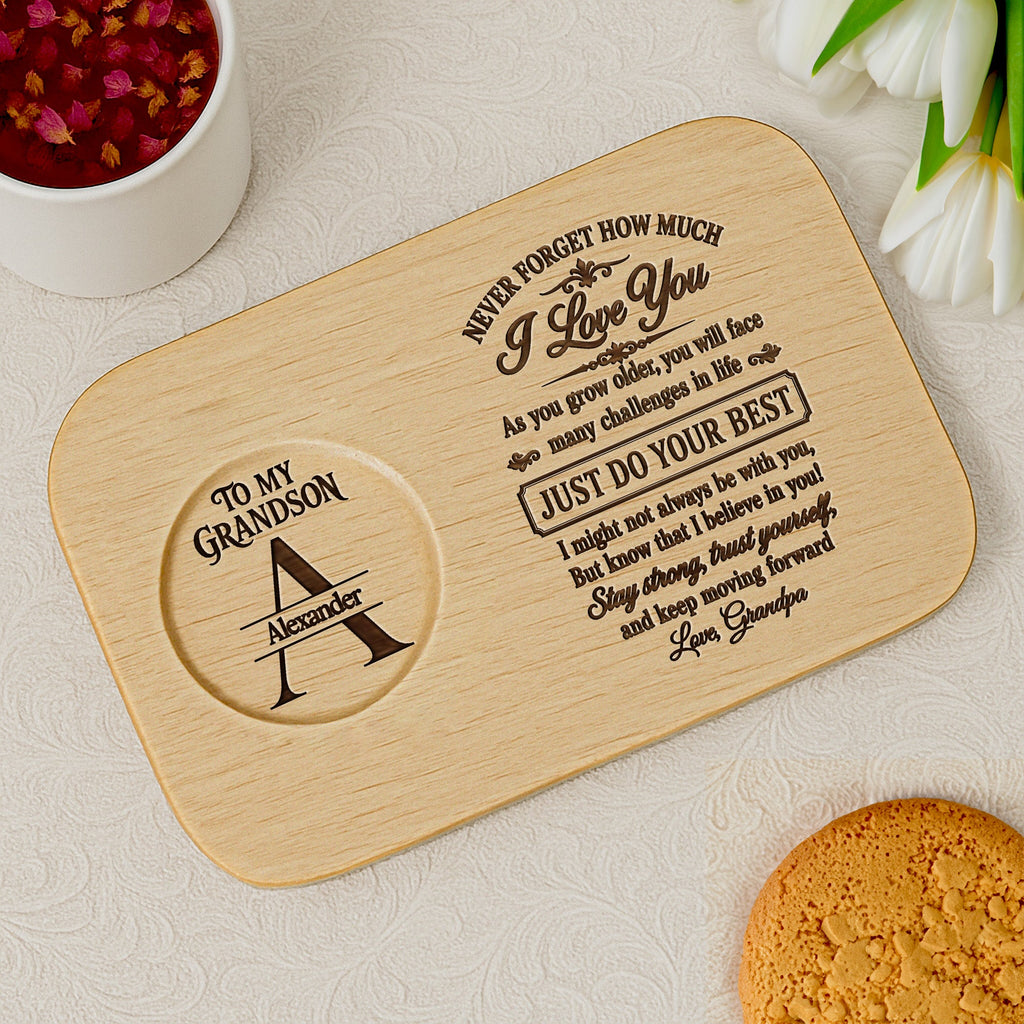 Personalized Engraved Serving Board with Cup Holder for Grandson