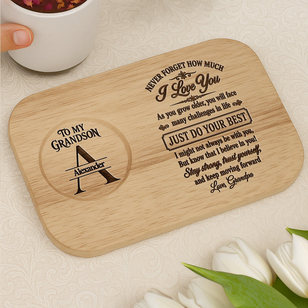 Personalized Engraved Serving Board with Cup Holder for Grandson