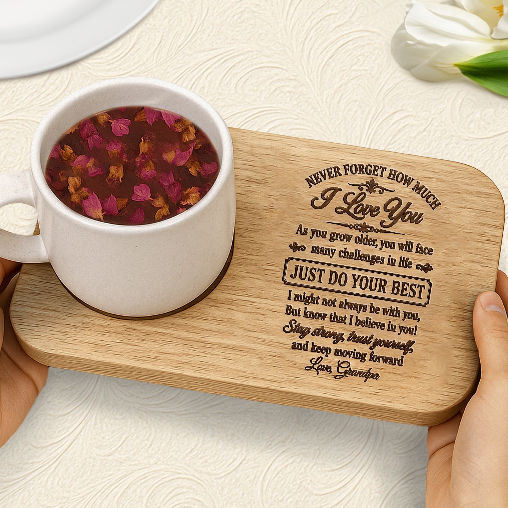 Personalized Engraved Serving Board with Cup Holder for Grandson