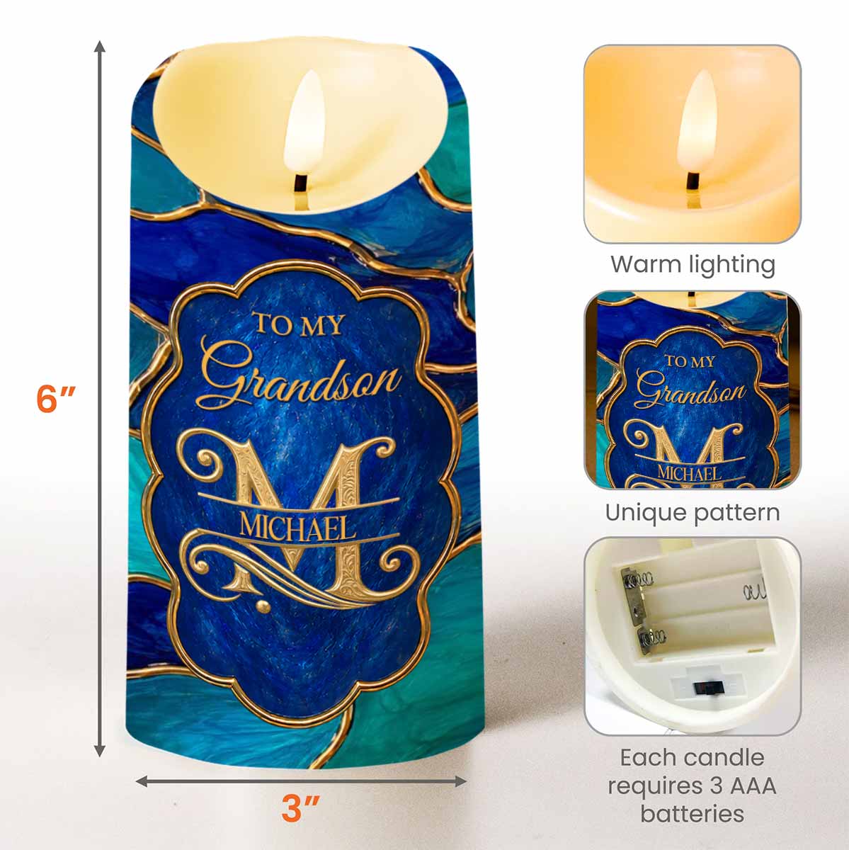 Personalized Flameless LED Candle for Grandson Custom Name Gift LED Candle GradoCreations