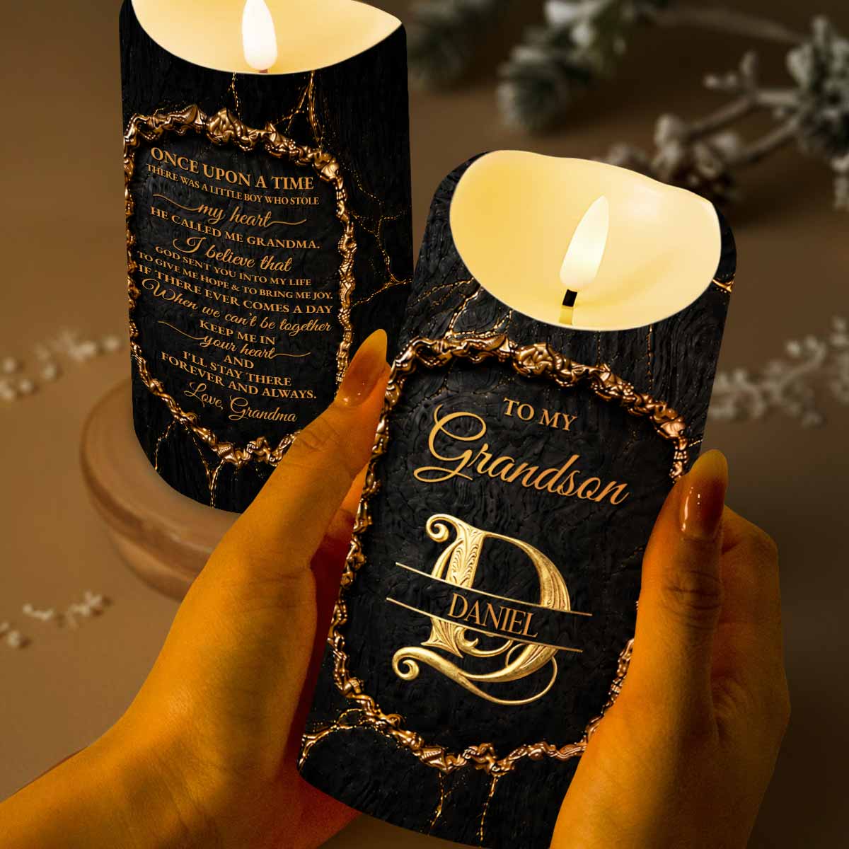 Personalized Flameless LED Candle Custom Golden Alphabet Art Gift for Grandson LED Candle GradoCreations