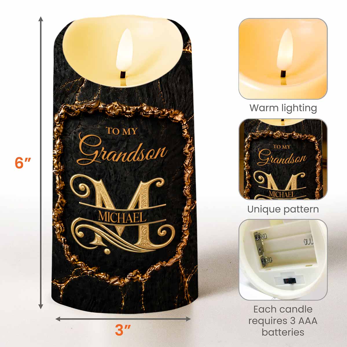 Personalized Flameless LED Candle Custom Golden Alphabet Art Gift for Grandson LED Candle GradoCreations