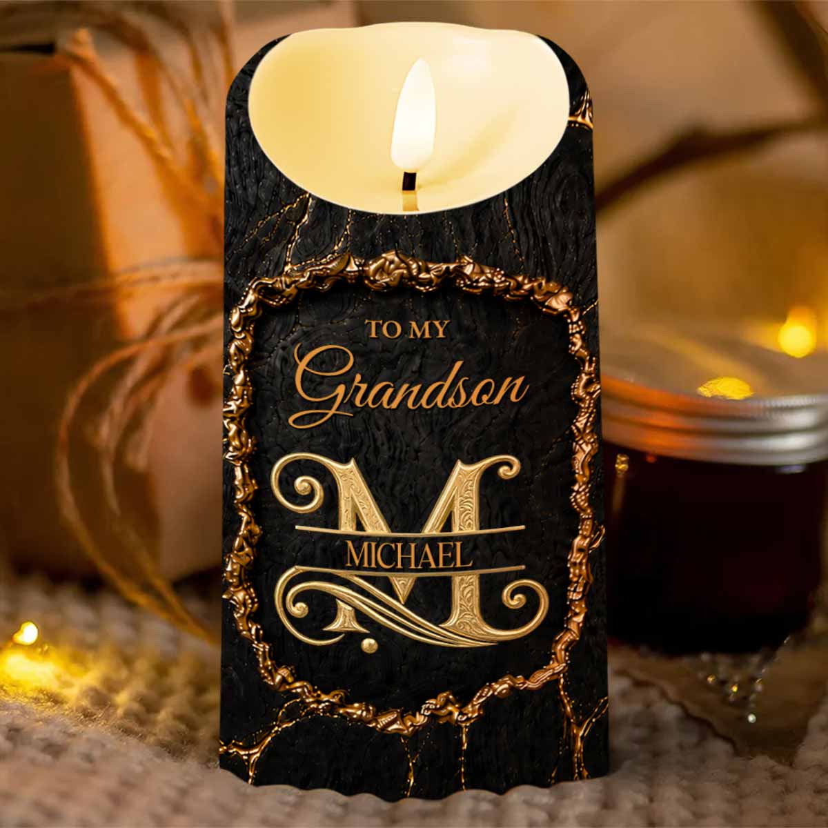 Personalized Flameless LED Candle Custom Golden Alphabet Art Gift for Grandson LED Candle GradoCreations