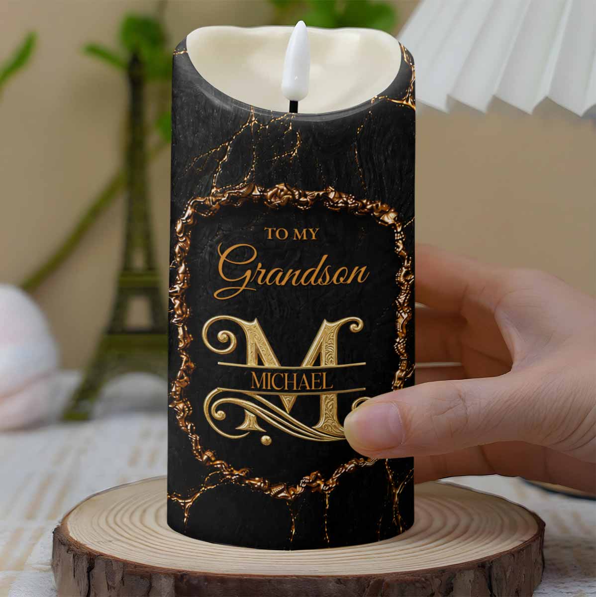Personalized Flameless LED Candle Custom Golden Alphabet Art Gift for Grandson LED Candle GradoCreations
