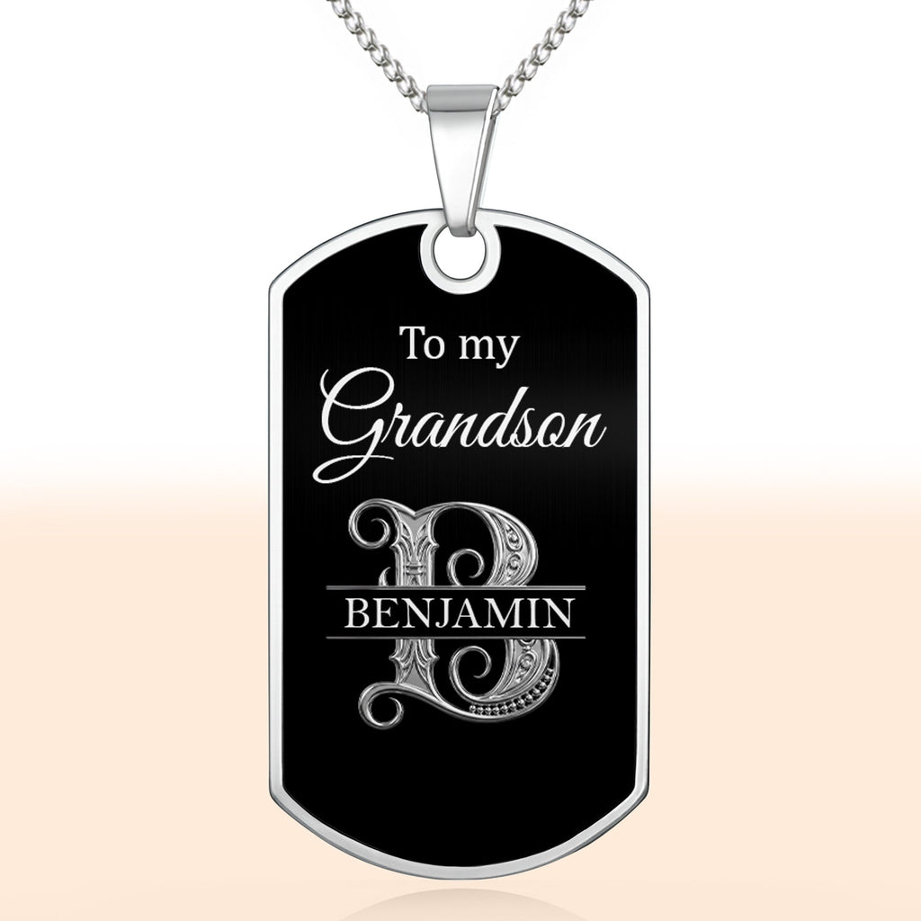 Custom Name Silver Dog Tag Necklace Personalized for Grandson