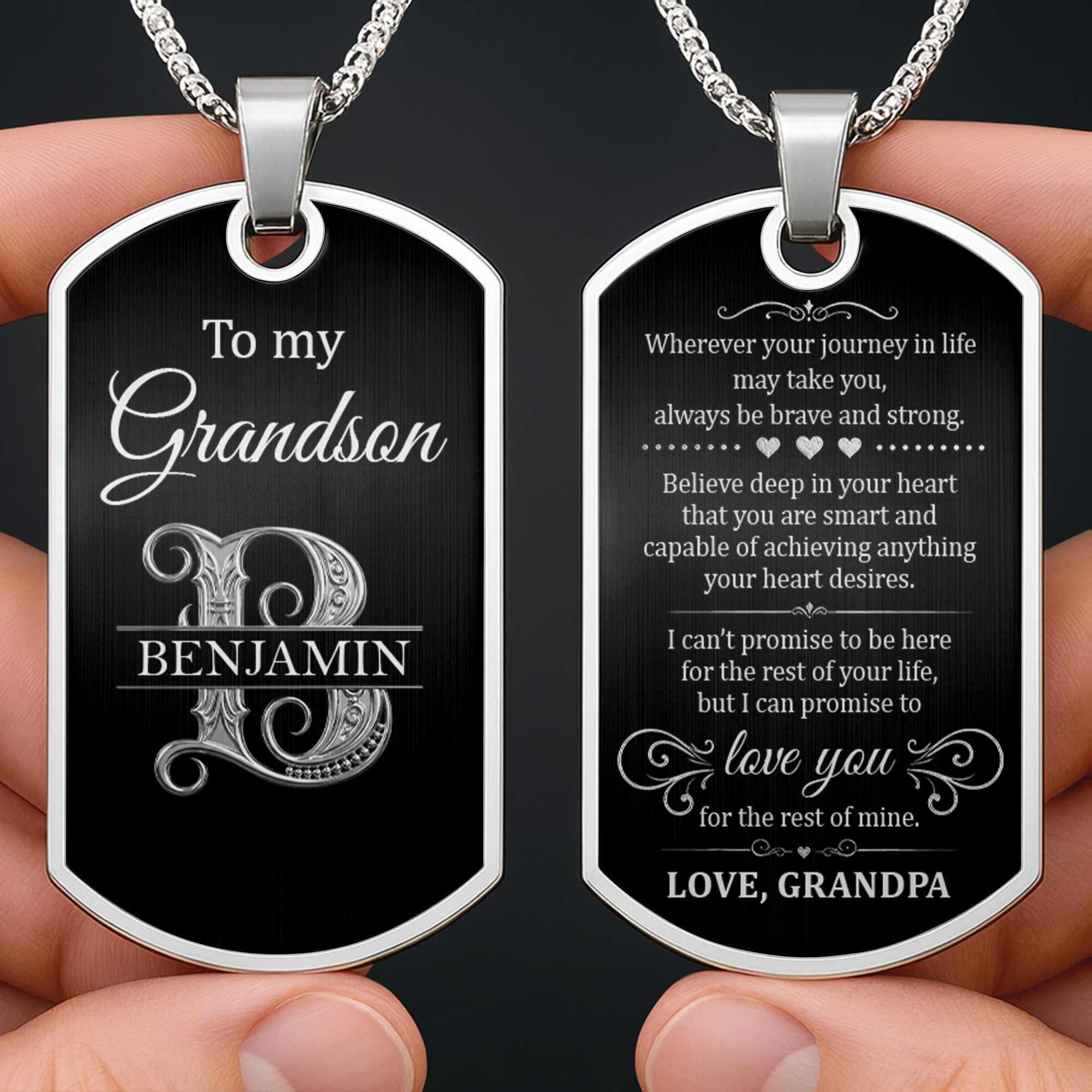 Custom Name Silver Dog Tag Necklace Personalized for Grandson