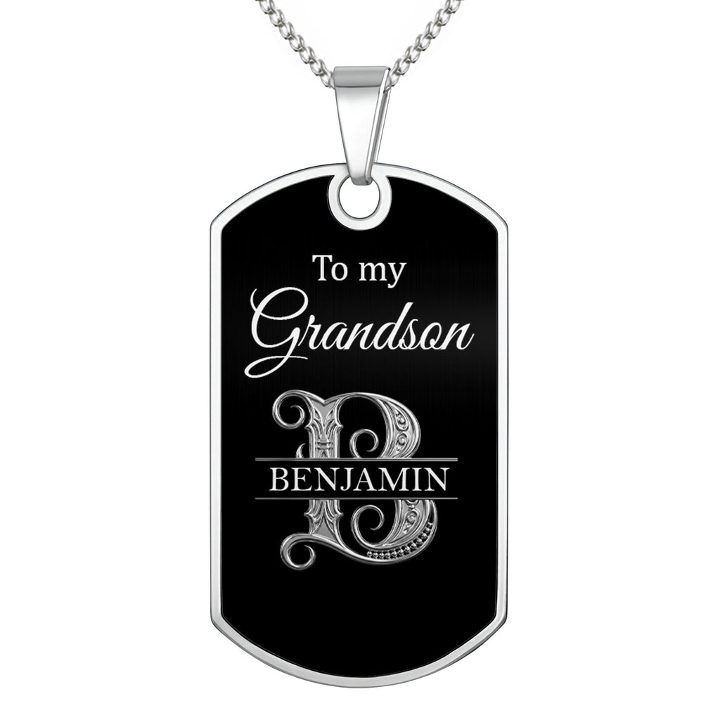 Custom Name Silver Dog Tag Necklace Personalized for Grandson