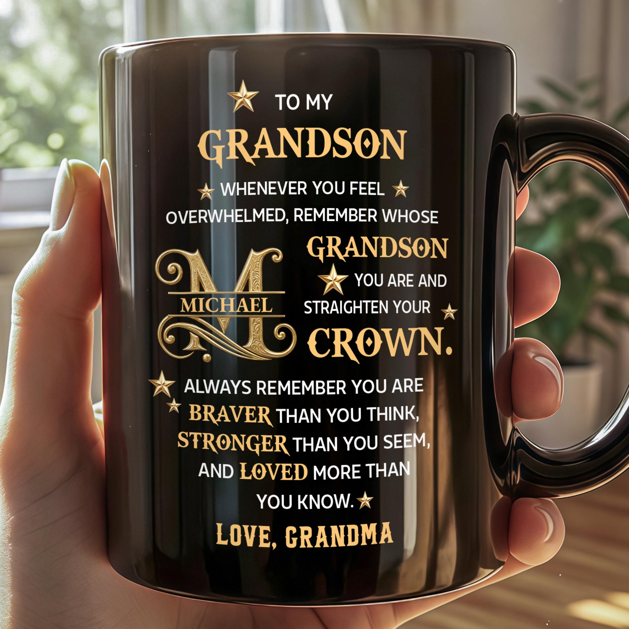 Personalized Black Mug Custom Gift for Grandson with Monogram Stars Black Mug GradoCreations