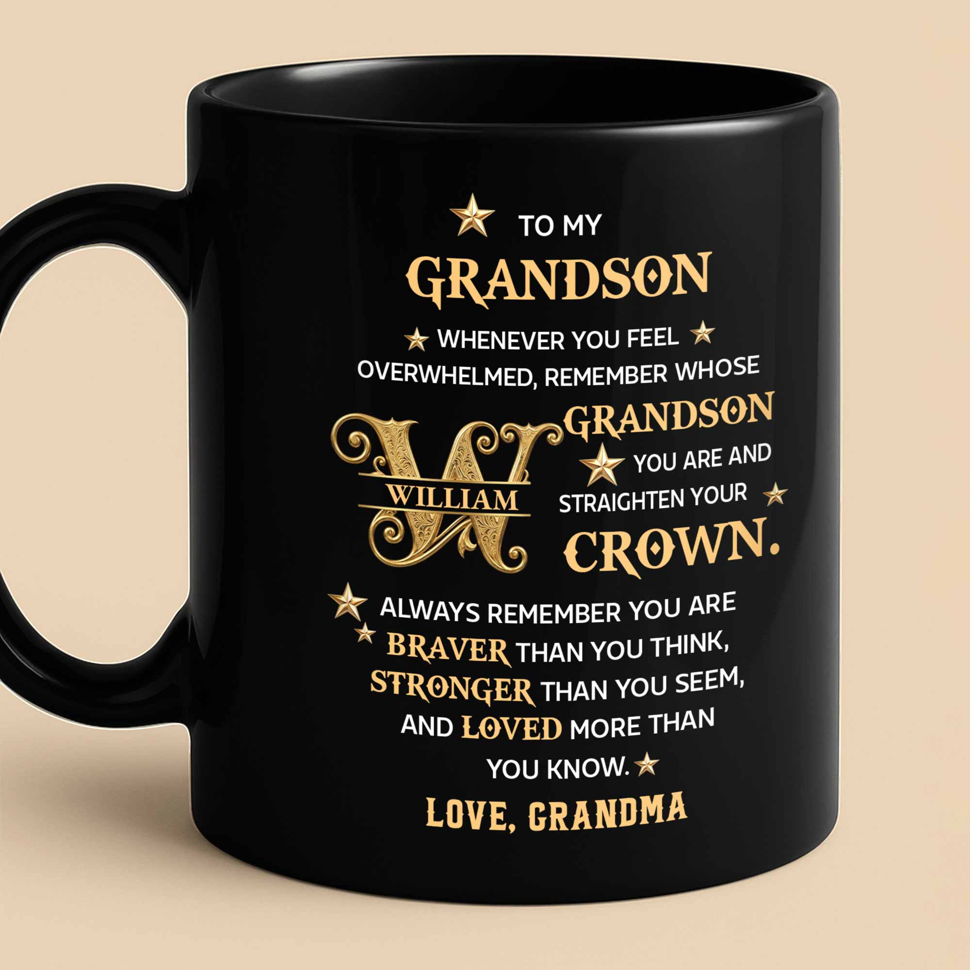 Personalized Black Mug Custom Gift for Grandson with Monogram Stars Black Mug GradoCreations