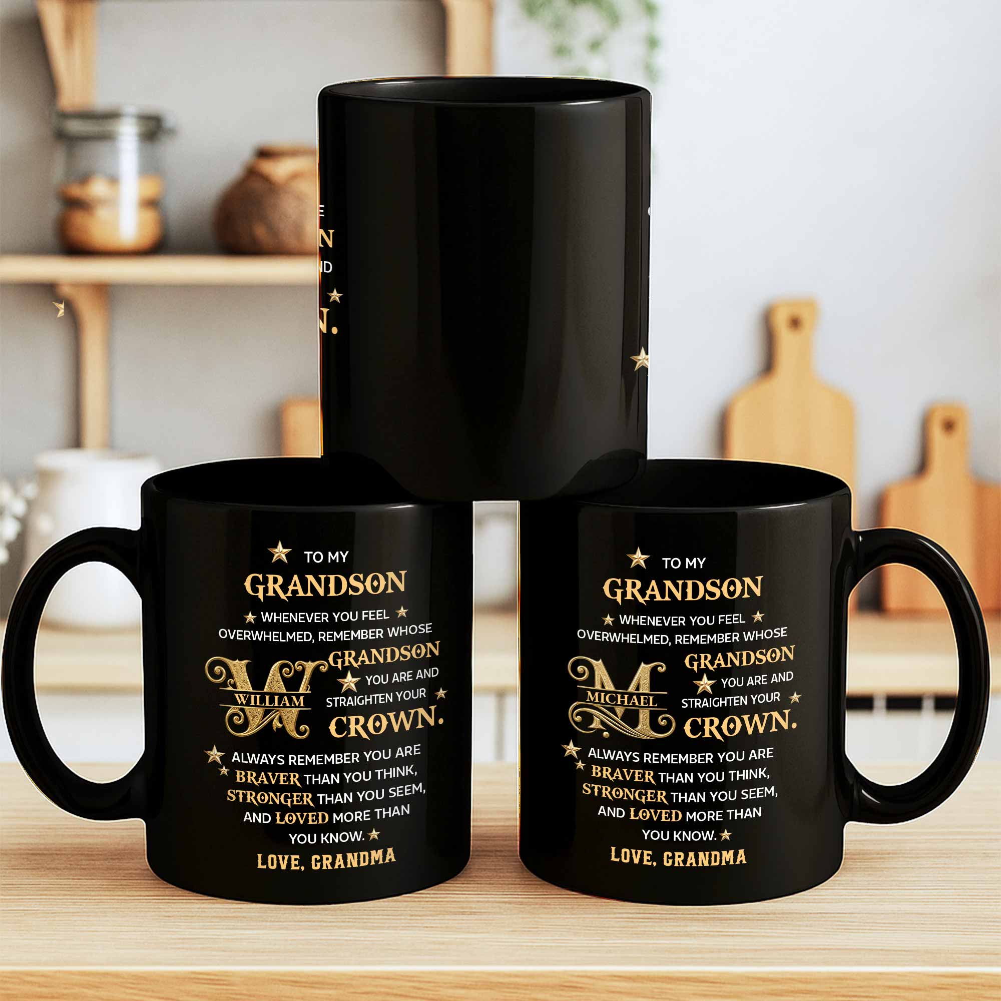 Personalized Black Mug Custom Gift for Grandson with Monogram Stars Black Mug GradoCreations