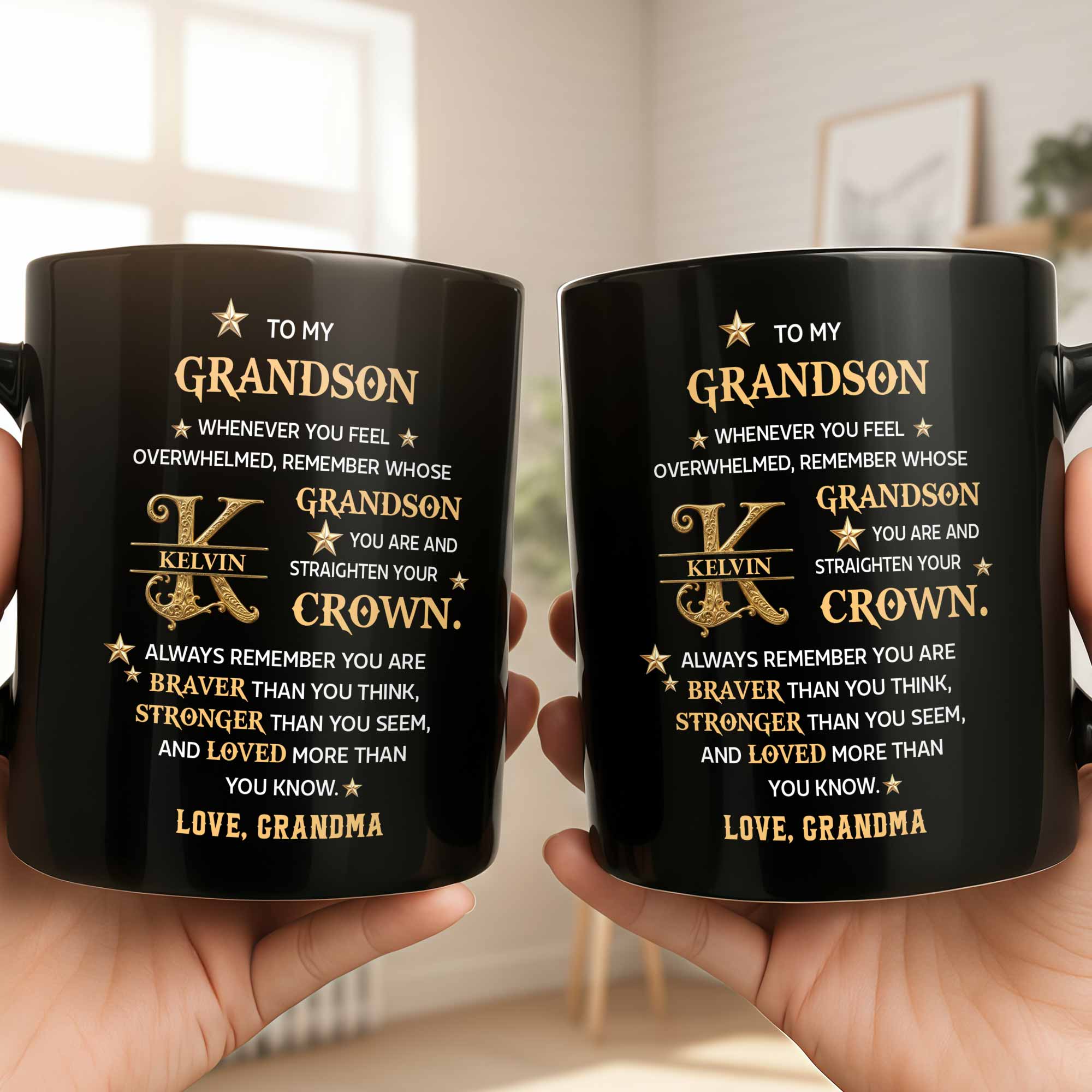 Personalized Black Mug Custom Gift for Grandson with Monogram Stars Black Mug GradoCreations