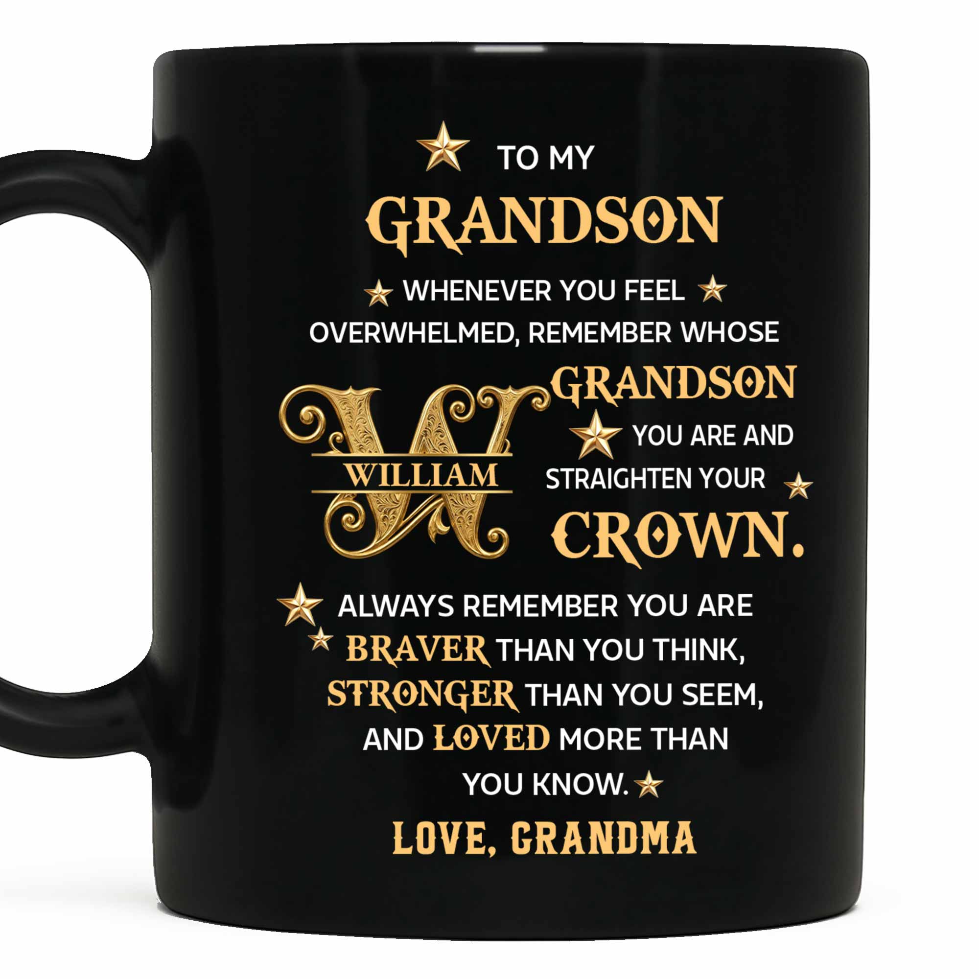 Personalized Black Mug Custom Gift for Grandson with Monogram Stars Black Mug GradoCreations