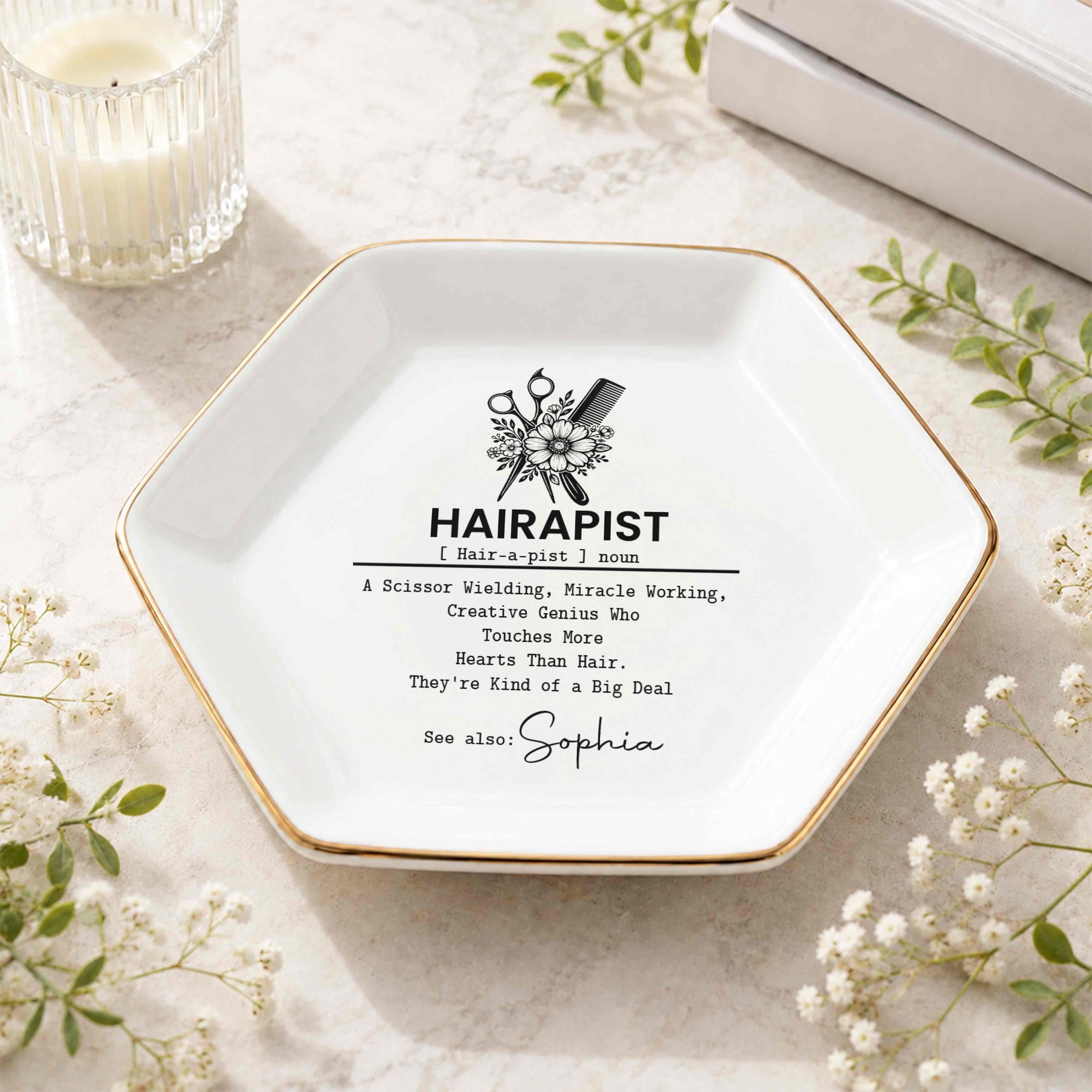 Personalized Hexagonal Ceramic Jewelry Dish Custom Name Gift for Hairstylist