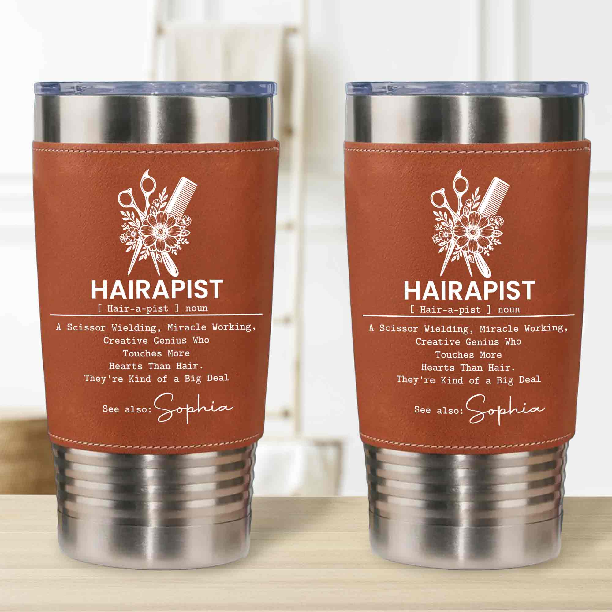 Personalized Leather Tumbler for Hairstylist Custom Name Gift