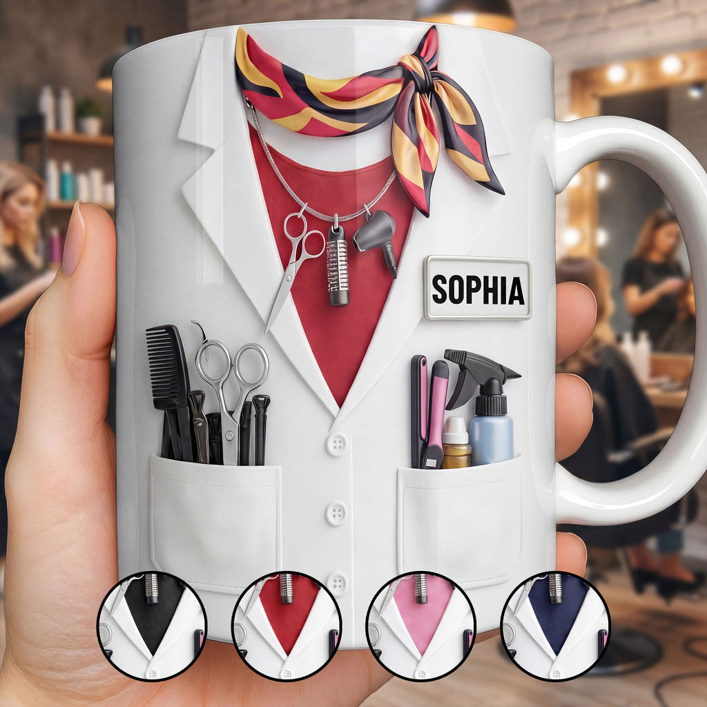 Personalized Coffee Mug for Hair Stylist with Comb & Scissor Design Edge-to-edge Mug GradoCreations