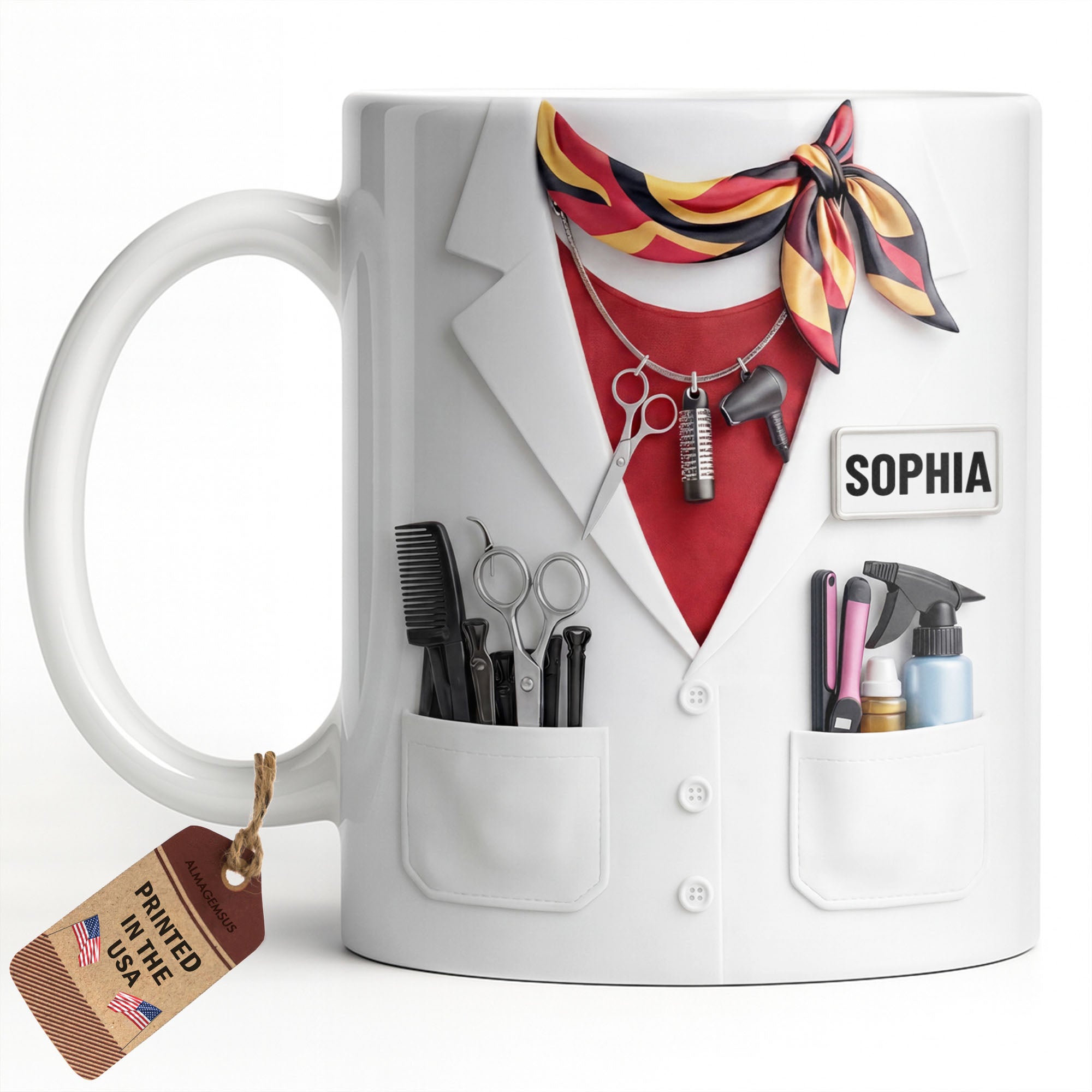 Personalized Coffee Mug for Hair Stylist with Comb & Scissor Design Edge-to-edge Mug GradoCreations