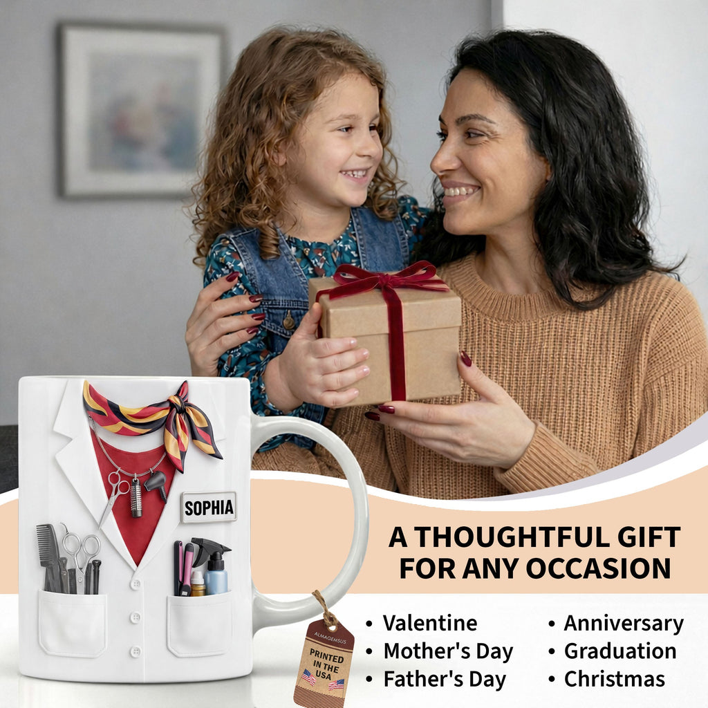 Personalized Coffee Mug for Hair Stylist with Comb & Scissor Design Edge-to-edge Mug GradoCreations