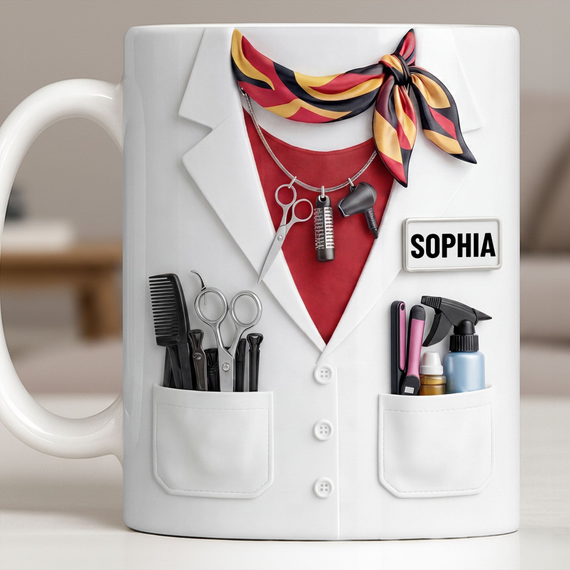 Personalized Coffee Mug for Hair Stylist with Comb & Scissor Design Edge-to-edge Mug GradoCreations